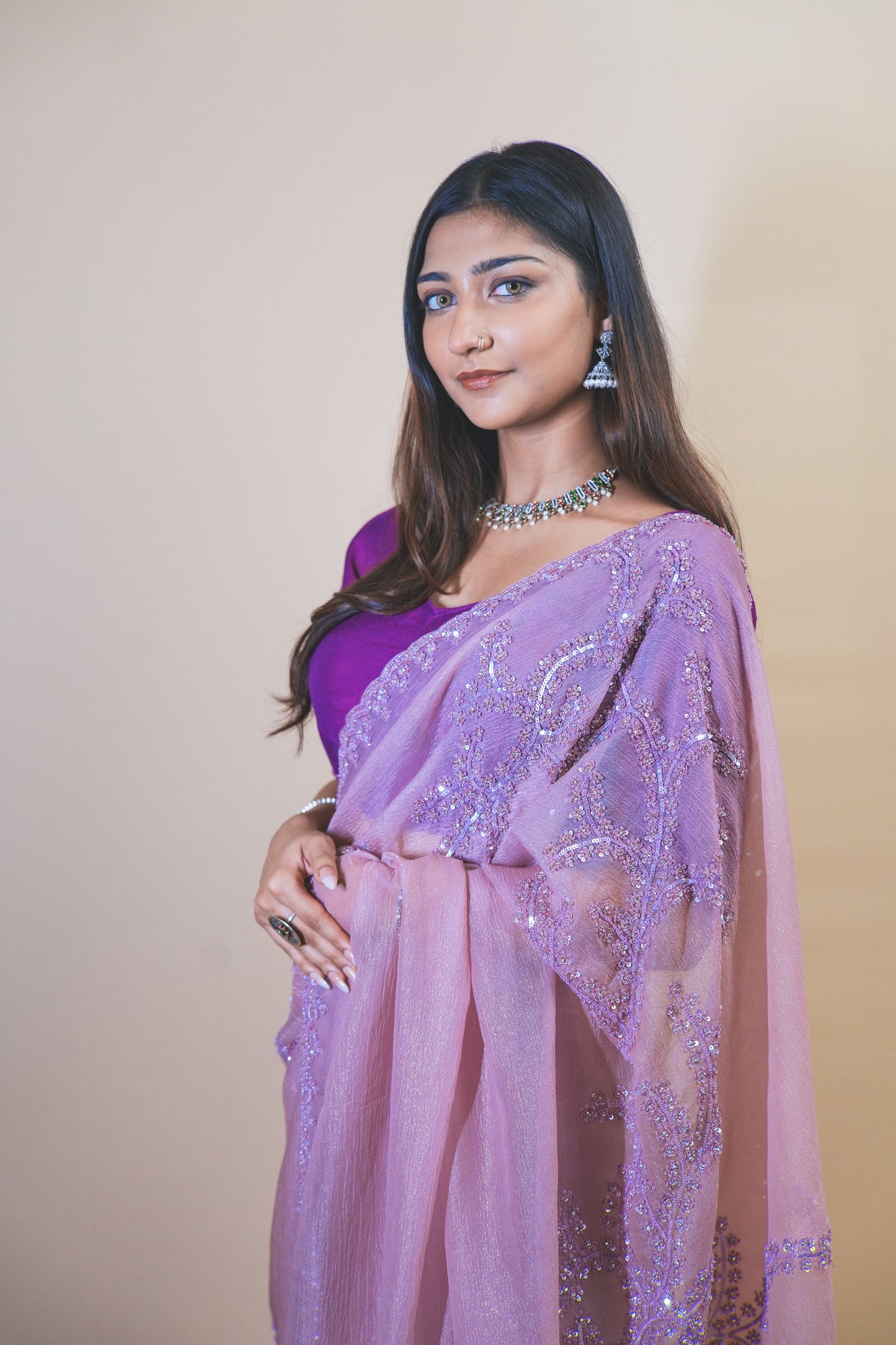 Elegant Light Purple Crushed Tissue Saree Featuring Tikki & Abla Work