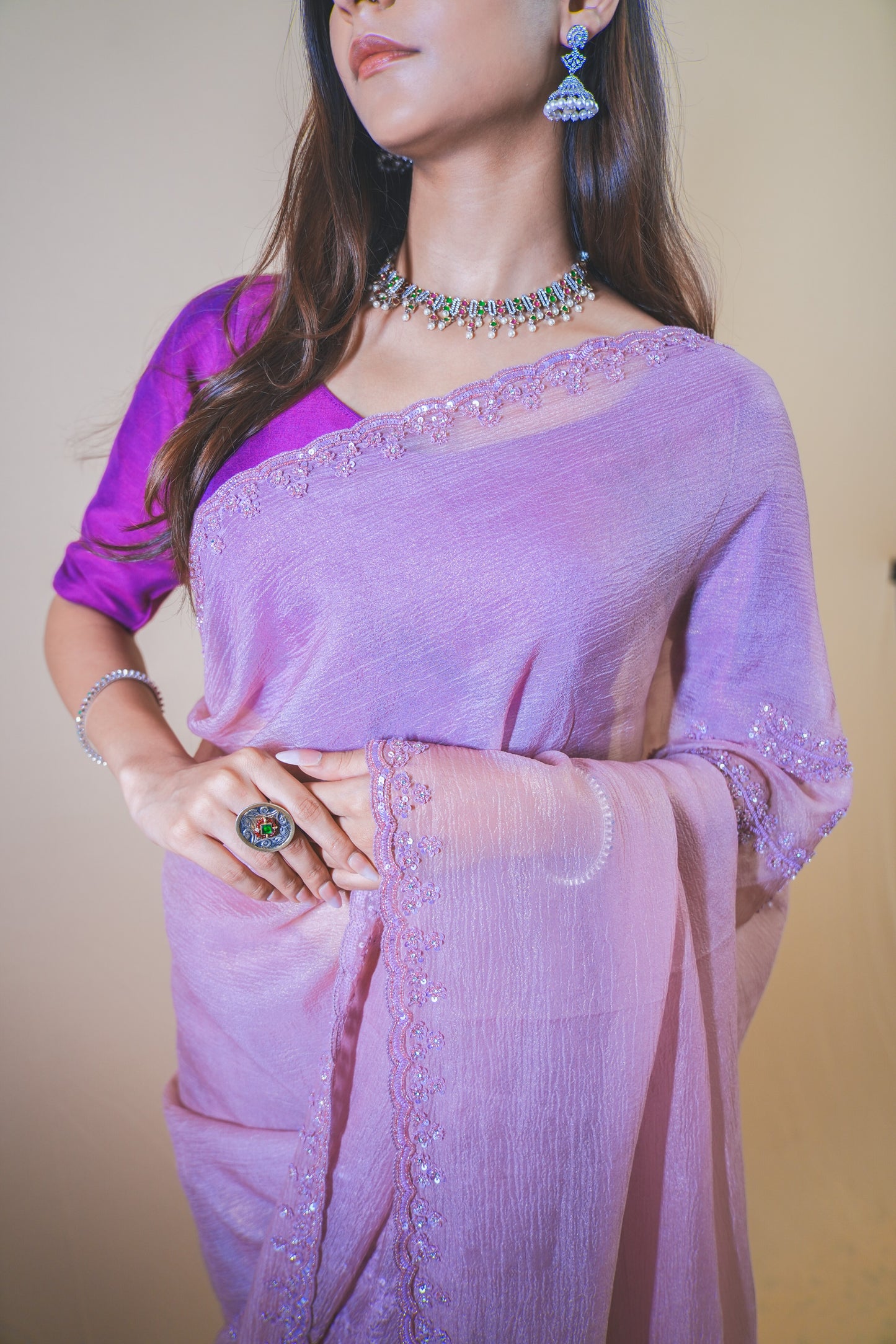 Elegant Light Purple Crushed Tissue Saree Featuring Tikki & Abla Work