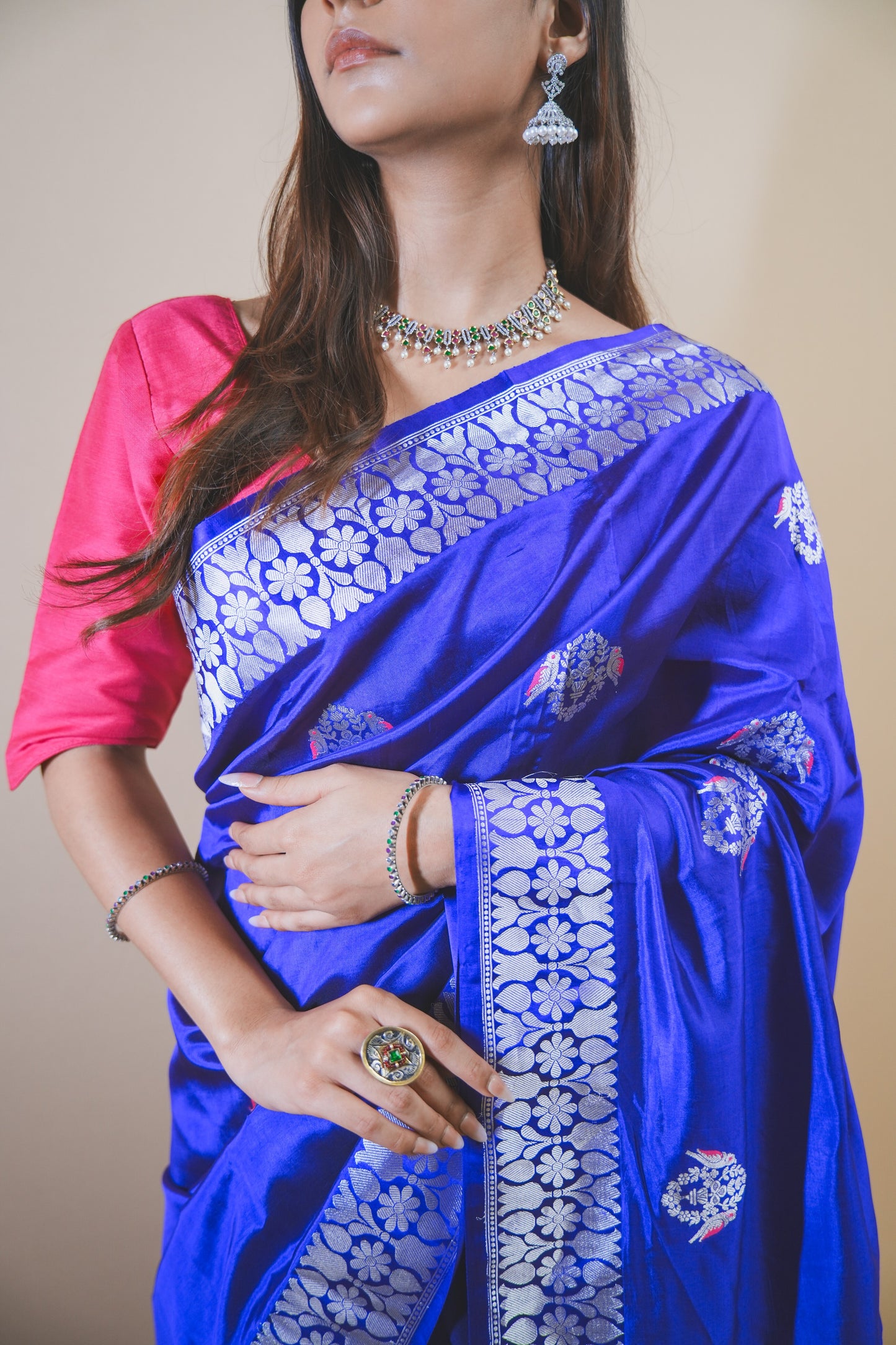 Luxurious Mashru Silk Saree with Silver Zari and Traditional Meenakari Butta