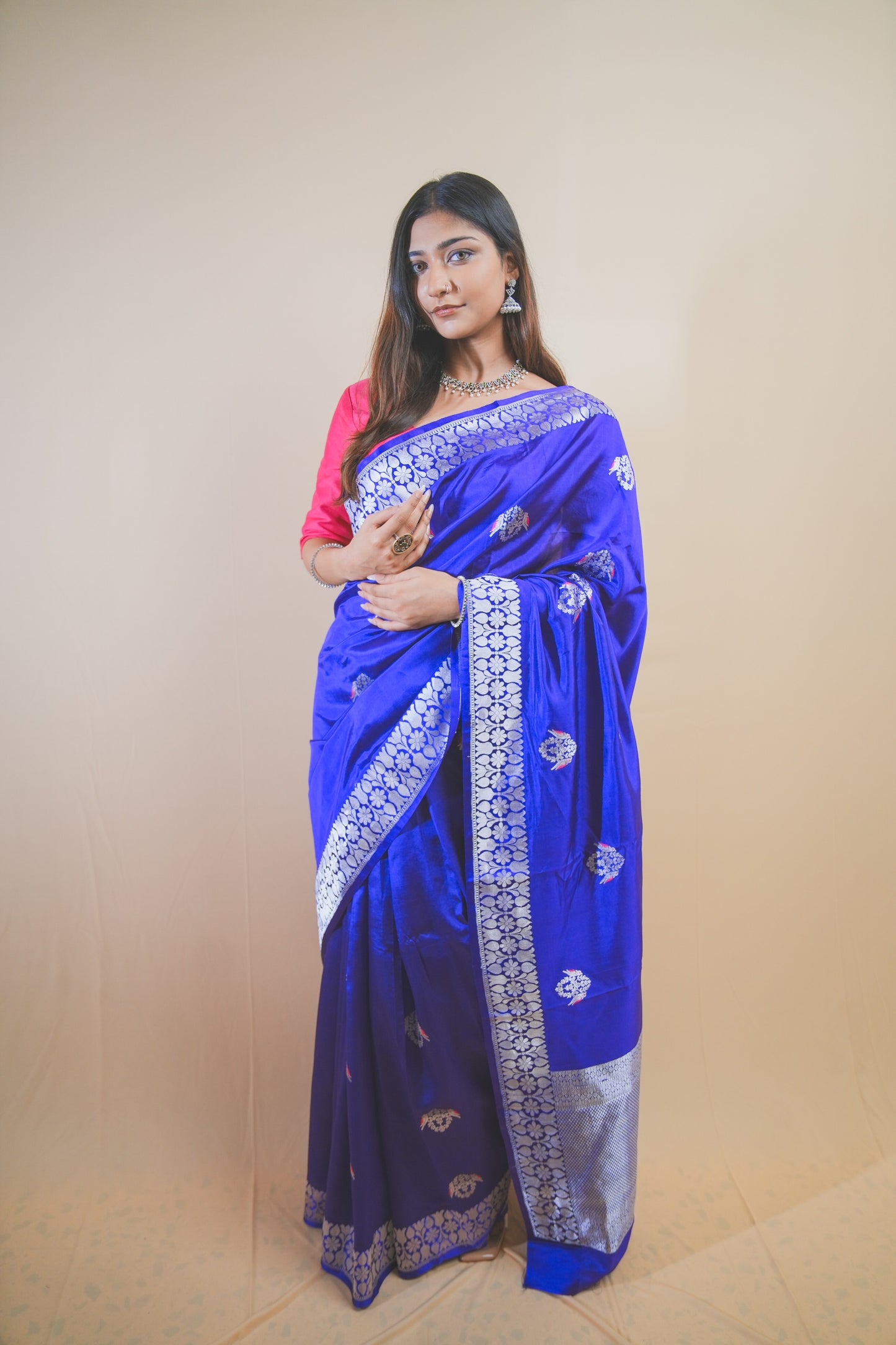 Luxurious Mashru Silk Saree with Silver Zari and Traditional Meenakari Butta