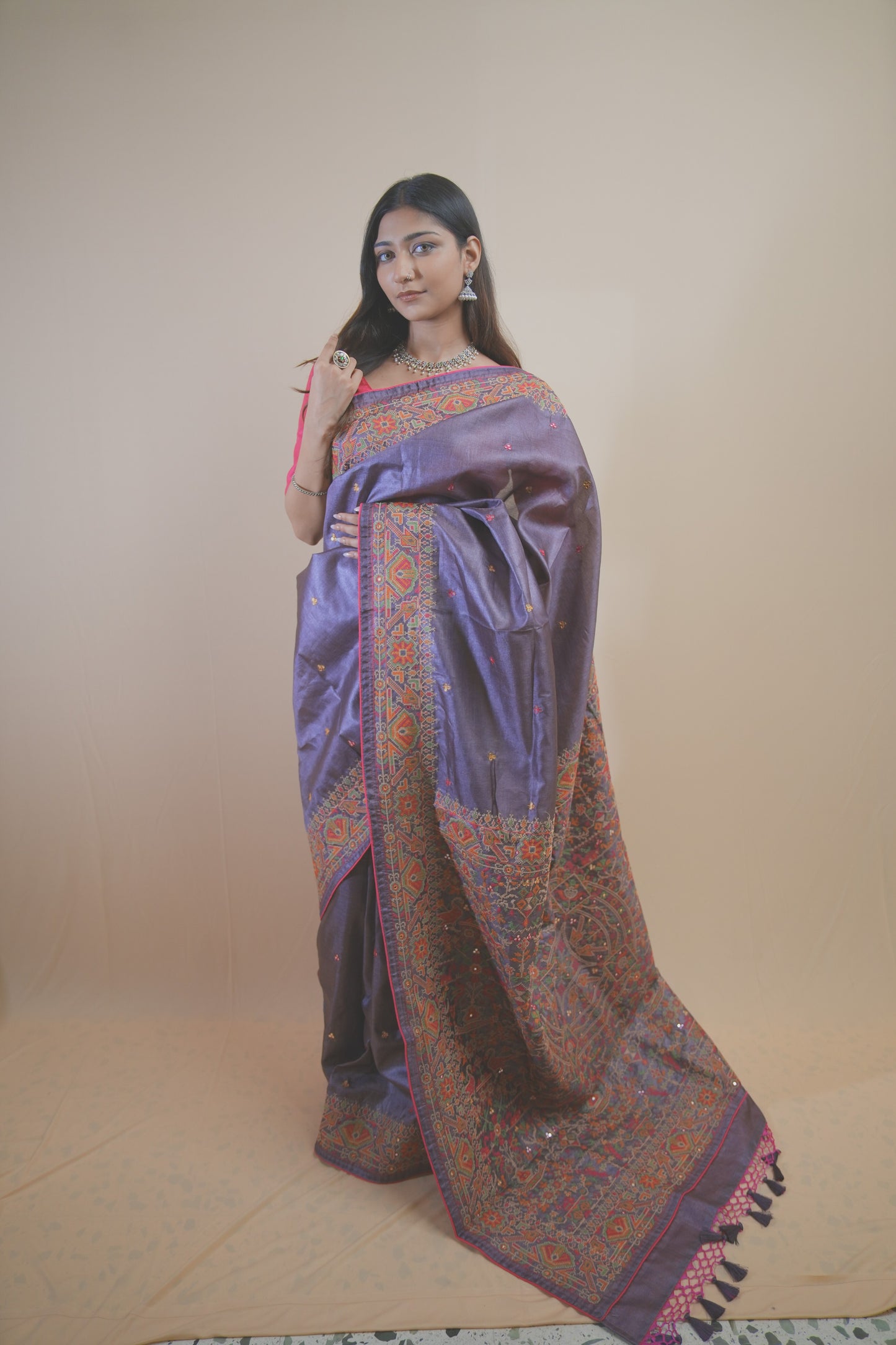 Purple Tassal Silk Saree with Elegant Ankar Work