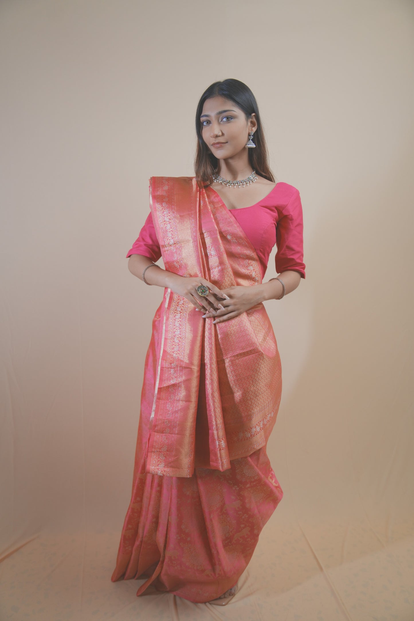 Elegant Peach Dharamavaram Silk Saree with Intricate Zari Weaving