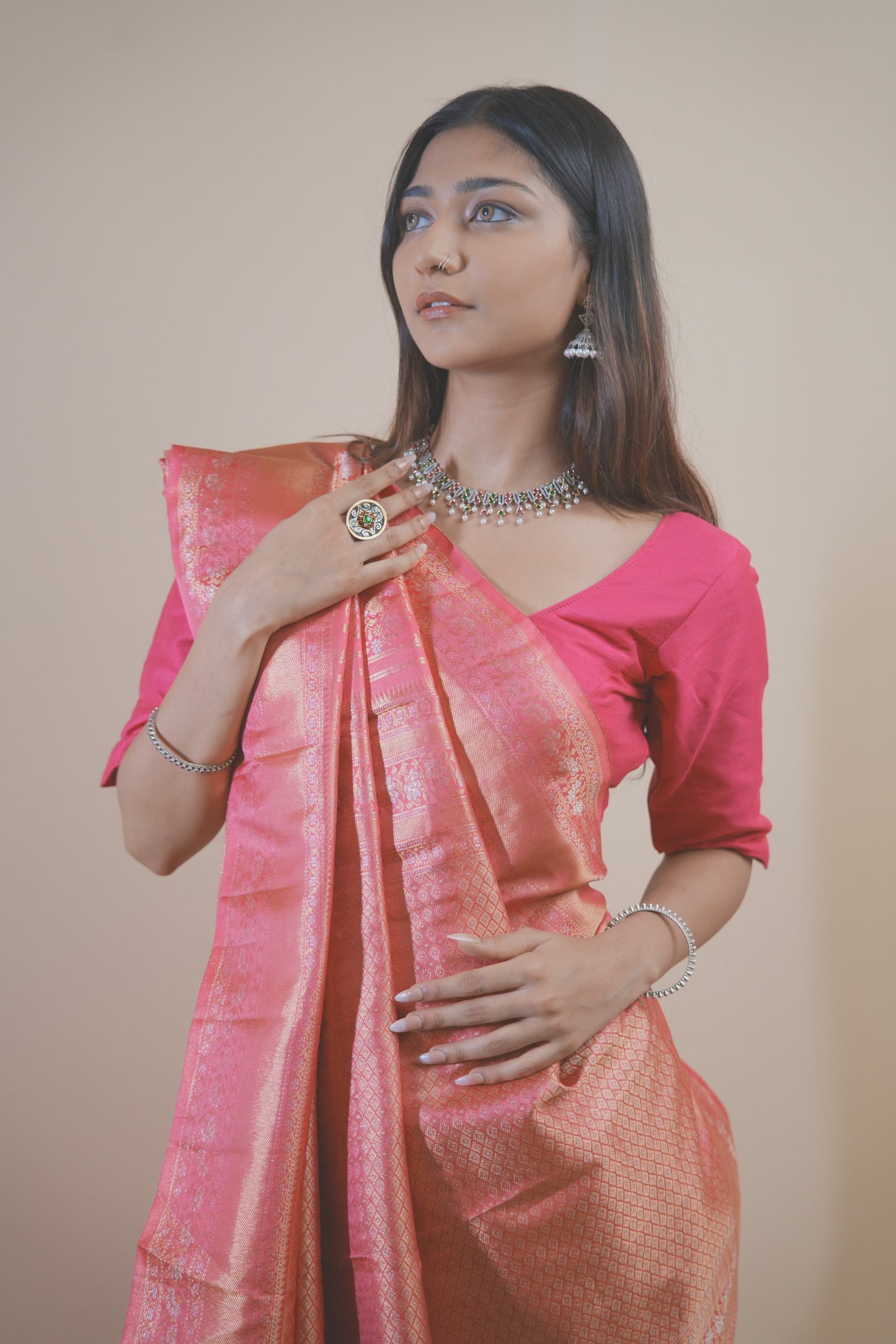 Elegant Peach Dharamavaram Silk Saree with Intricate Zari Weaving