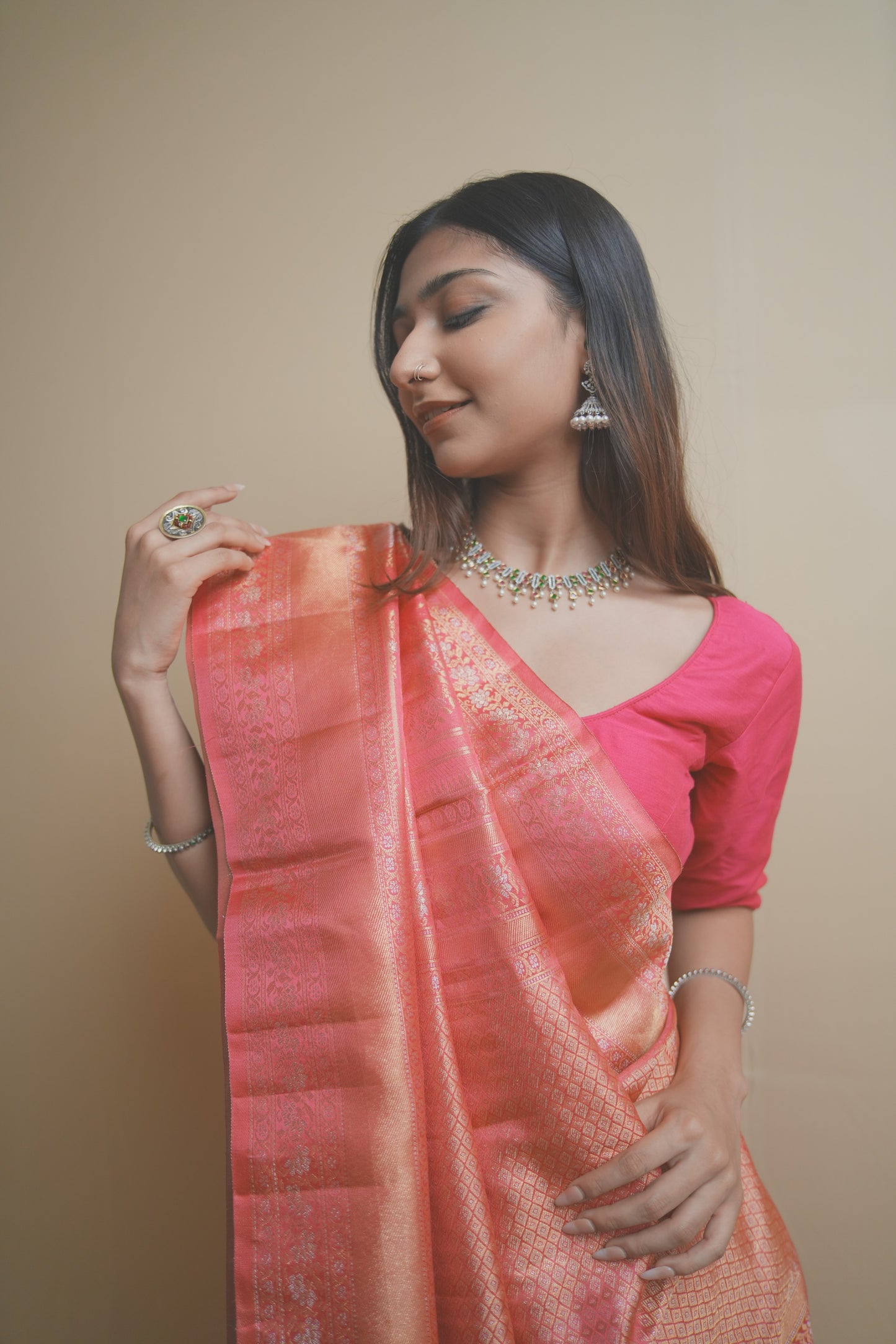 Elegant Peach Dharamavaram Silk Saree with Intricate Zari Weaving