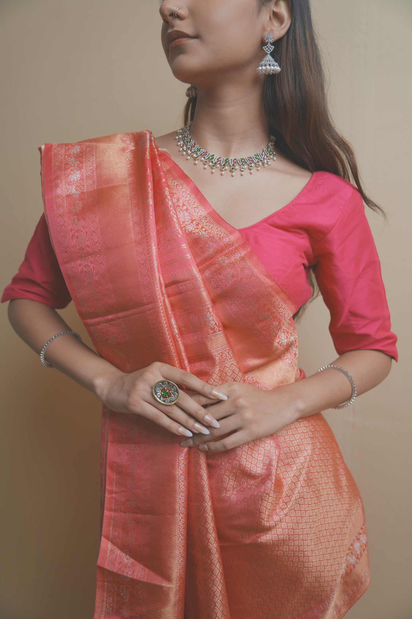 Elegant Peach Dharamavaram Silk Saree with Intricate Zari Weaving