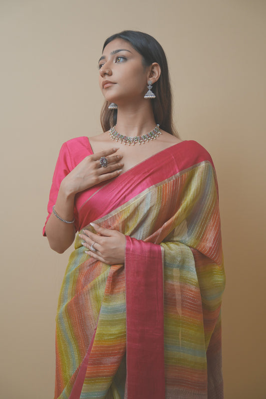 Vibrant Stripe Weave Chiffon Saree with Rich Pink Border