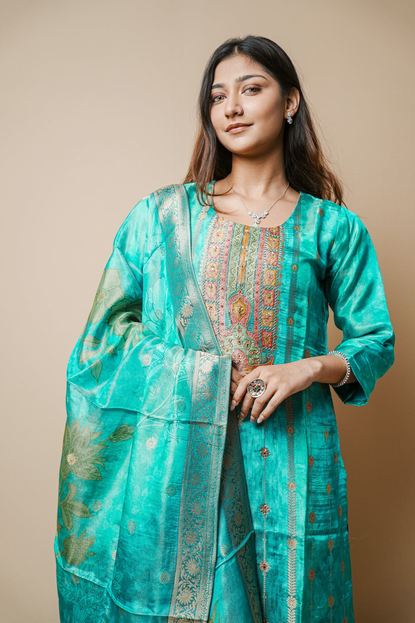Elegant Teal Printed Silk Suit with Kardana & Mirror Embroidery