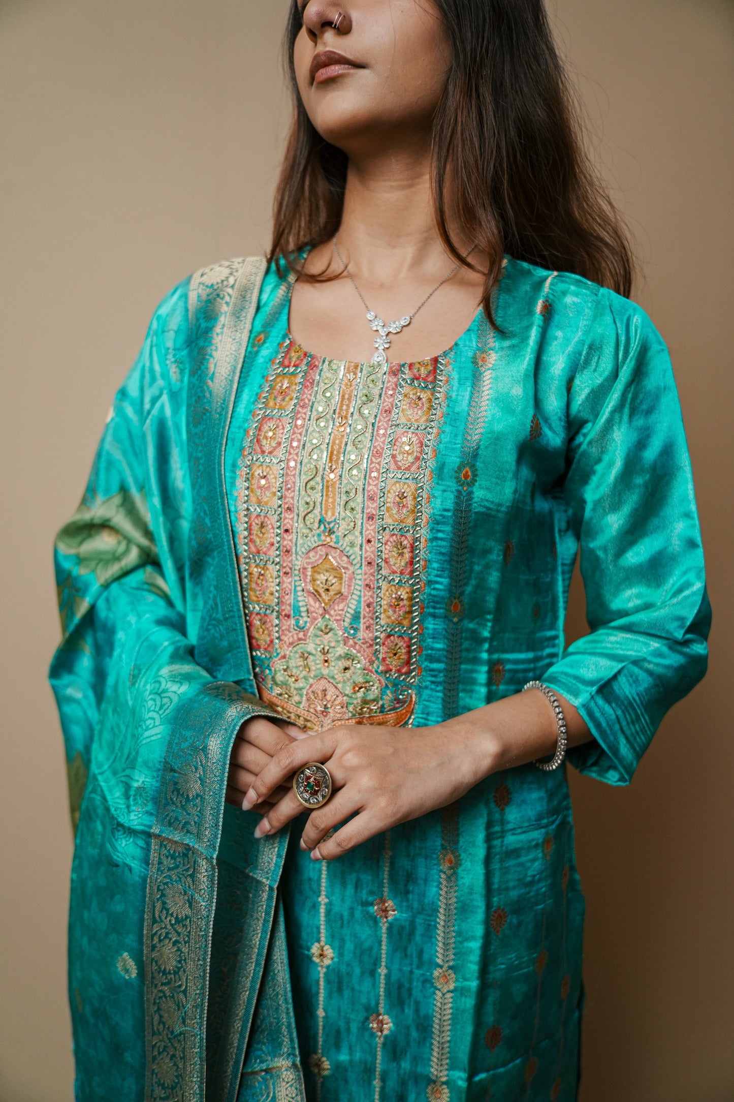 Elegant Teal Printed Silk Suit with Kardana & Mirror Embroidery