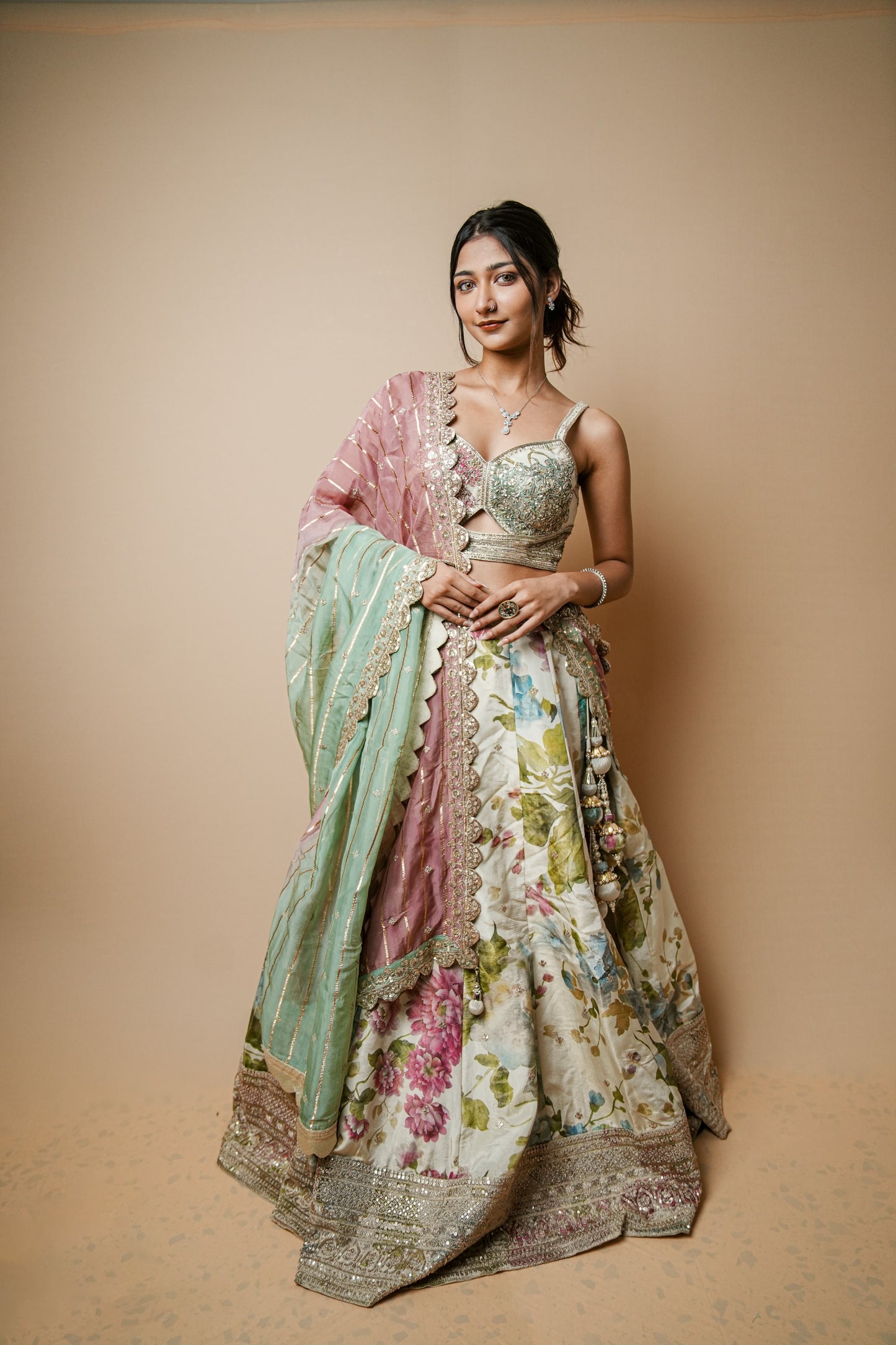 Pastel Floral Tissue Lehenga Set with Hand-Embellished Spaghetti Choli and Organza Dupatta
