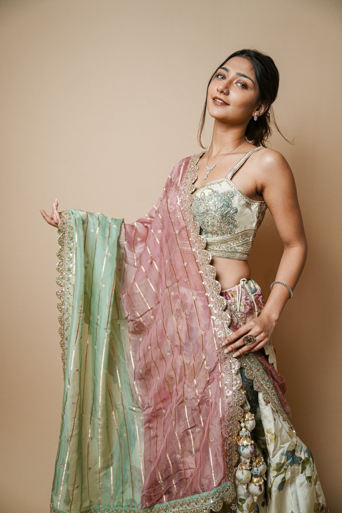 Pastel Floral Tissue Lehenga Set with Hand-Embellished Spaghetti Choli and Organza Dupatta