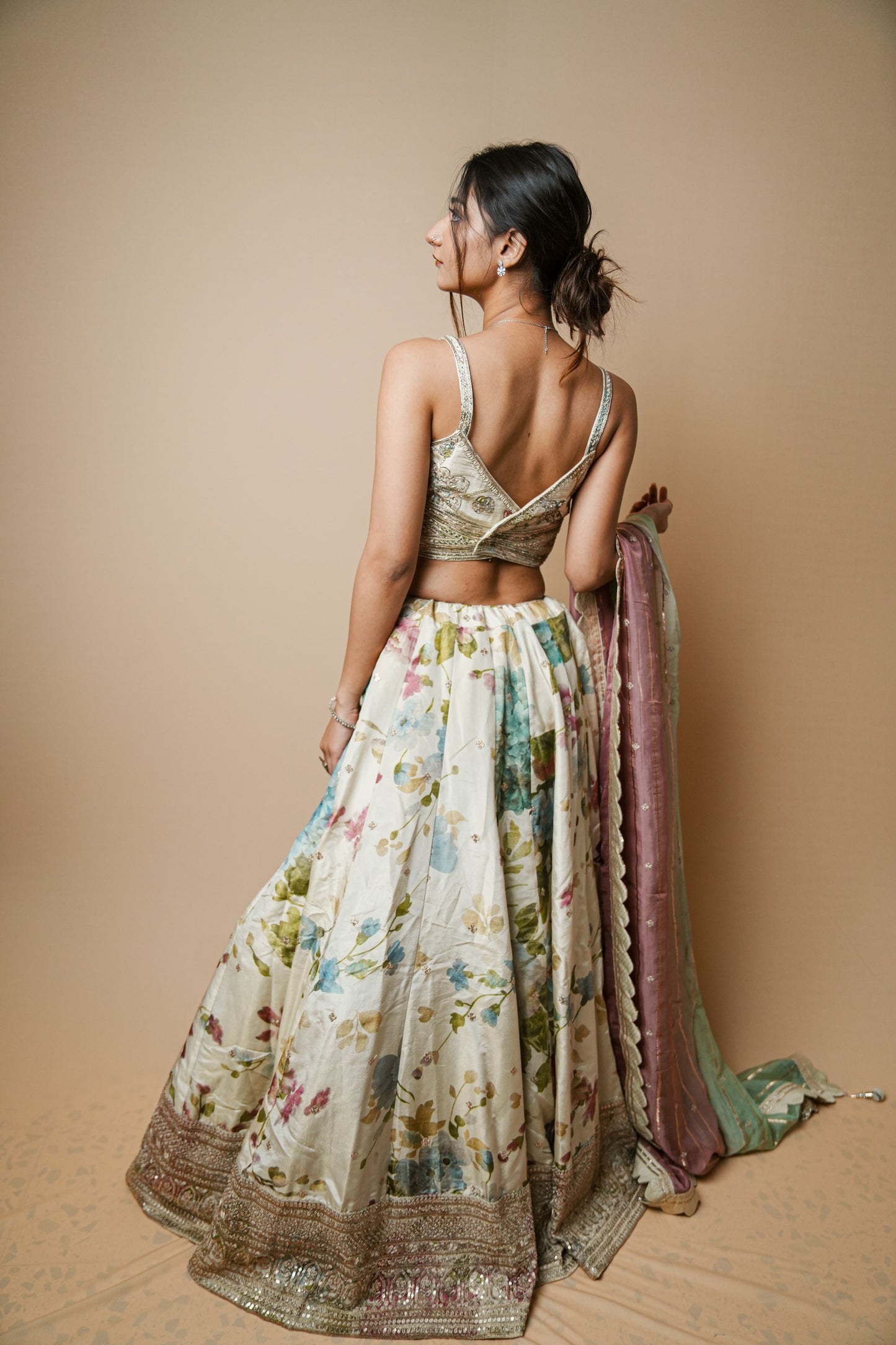 Pastel Floral Tissue Lehenga Set with Hand-Embellished Spaghetti Choli and Organza Dupatta