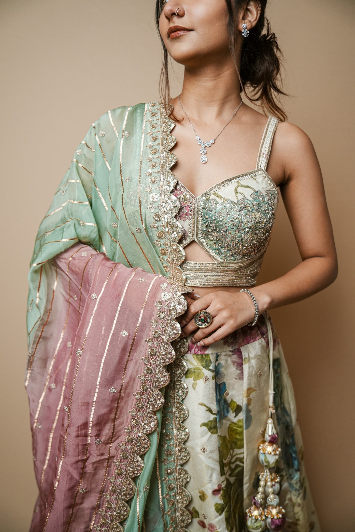 Pastel Floral Tissue Lehenga Set with Hand-Embellished Spaghetti Choli and Organza Dupatta