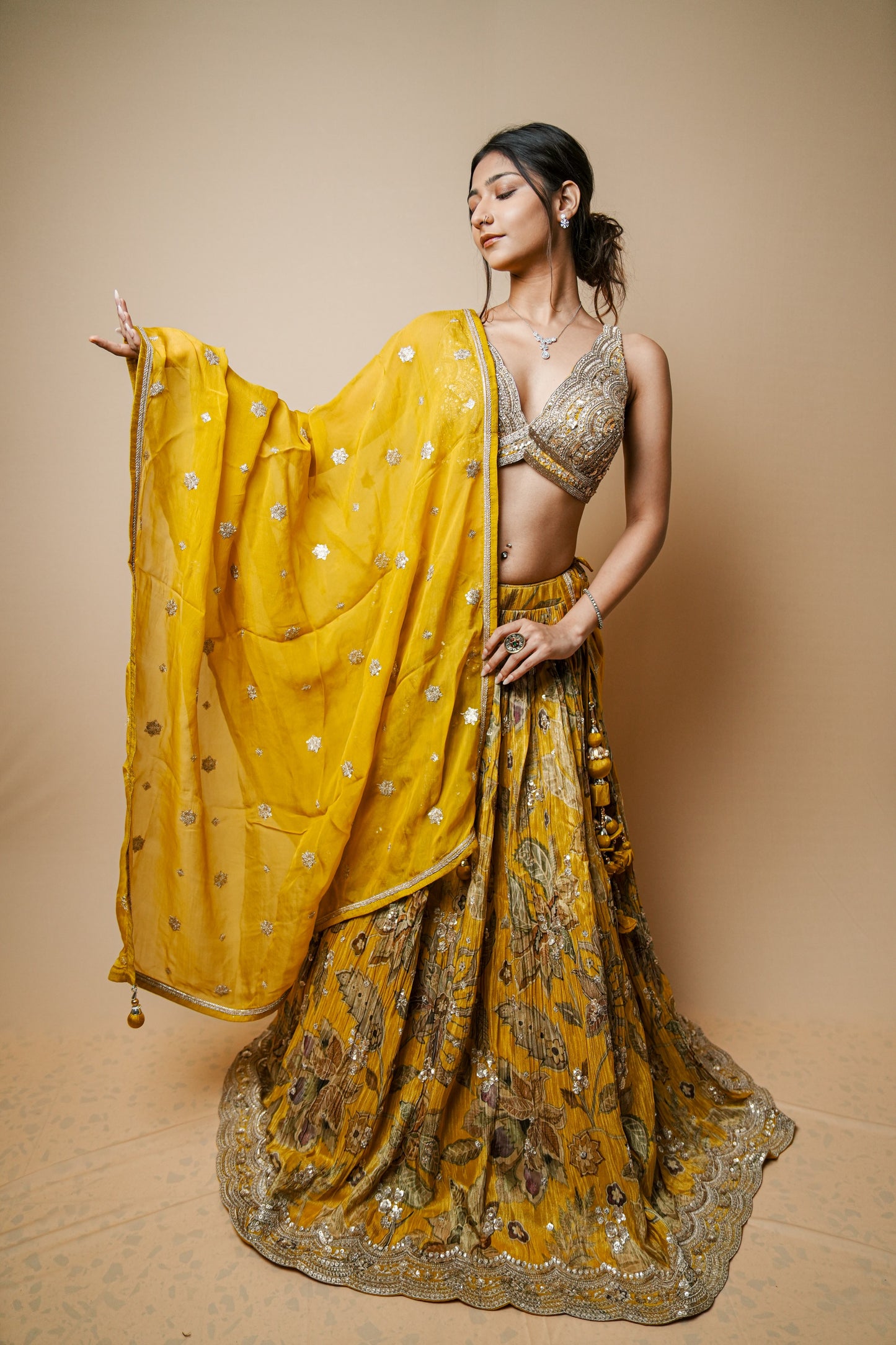 Elegant Shimmer Crush Lehenga in Yellow with Embroidered Blouse & Dupatta