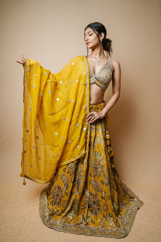 Elegant Shimmer Crush Lehenga in Yellow with Embroidered Blouse & Dupatta