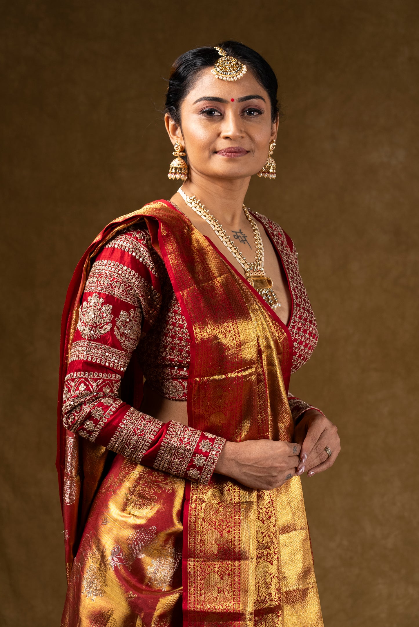 Red and Gold Banarasi Silk Saree with Embroidered Blouse