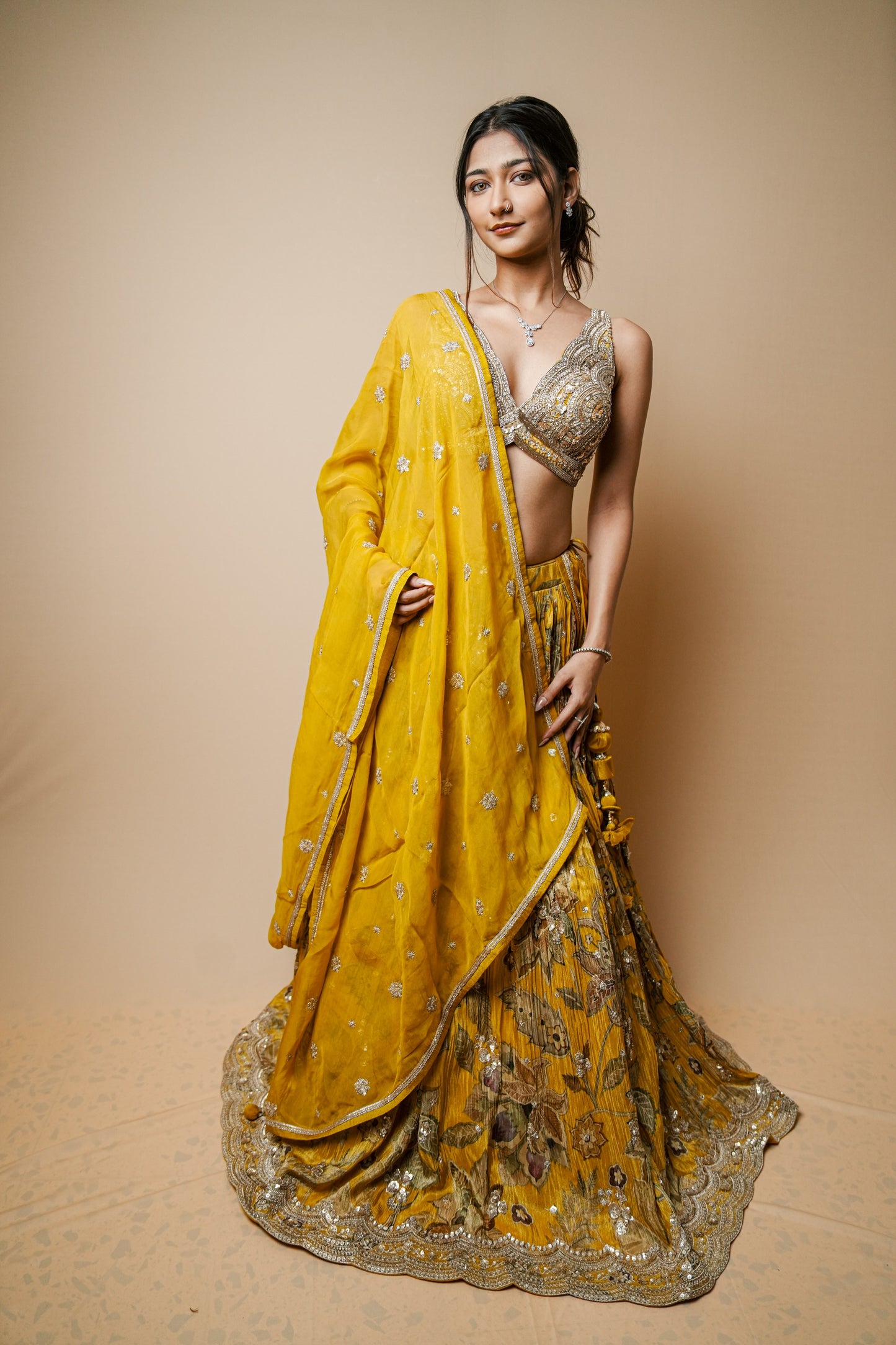 Elegant Shimmer Crush Lehenga in Yellow with Embroidered Blouse & Dupatta