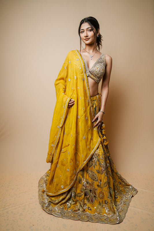 Elegant Shimmer Crush Lehenga in Yellow with Embroidered Blouse & Dupatta
