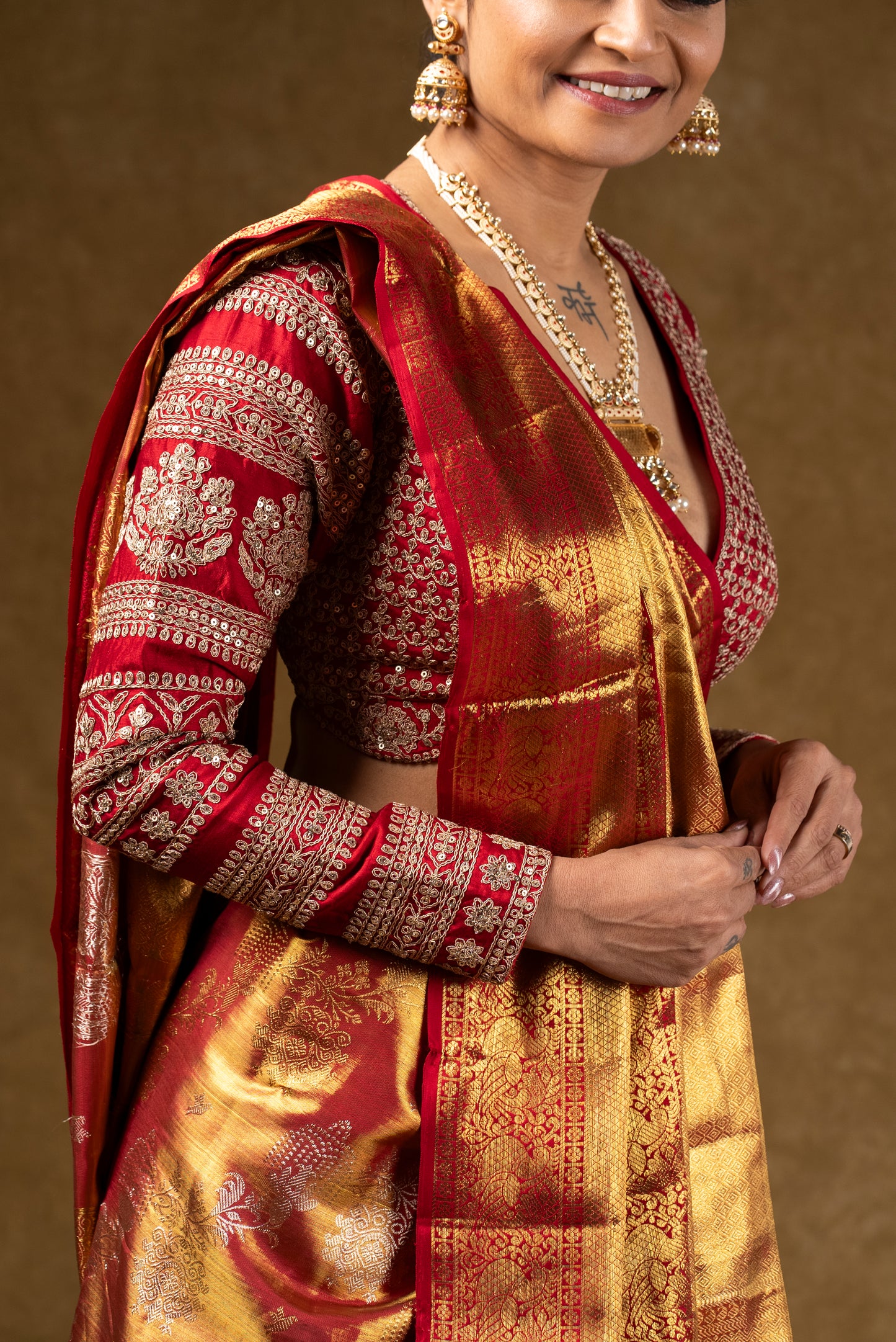 Red and Gold Banarasi Silk Saree with Embroidered Blouse