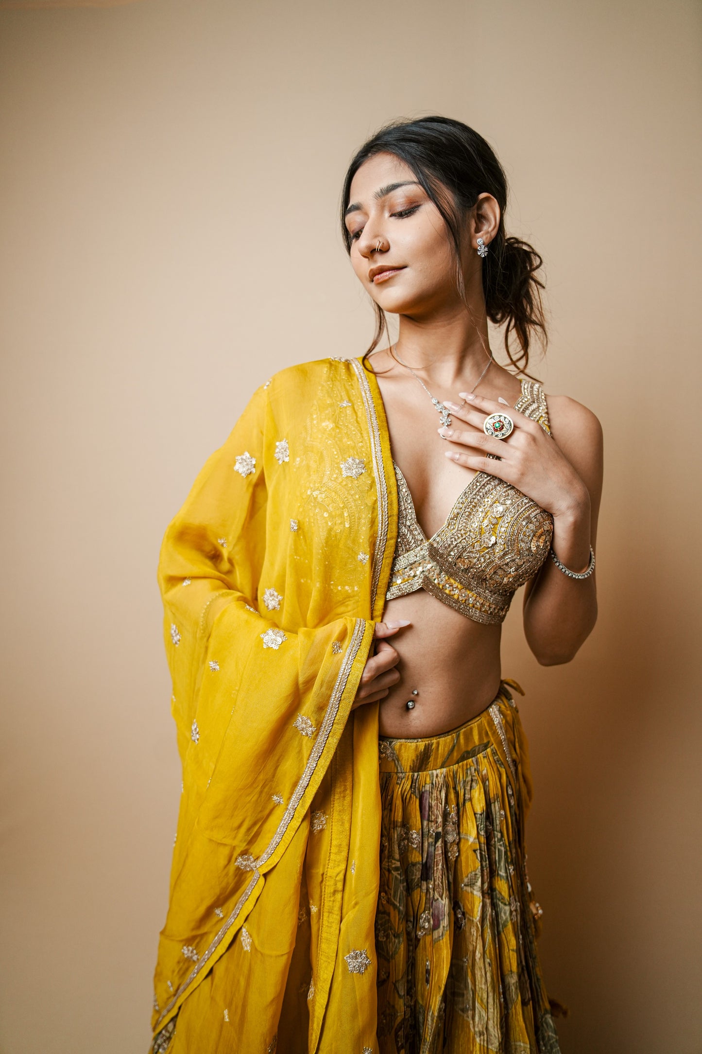 Elegant Shimmer Crush Lehenga in Yellow with Embroidered Blouse & Dupatta