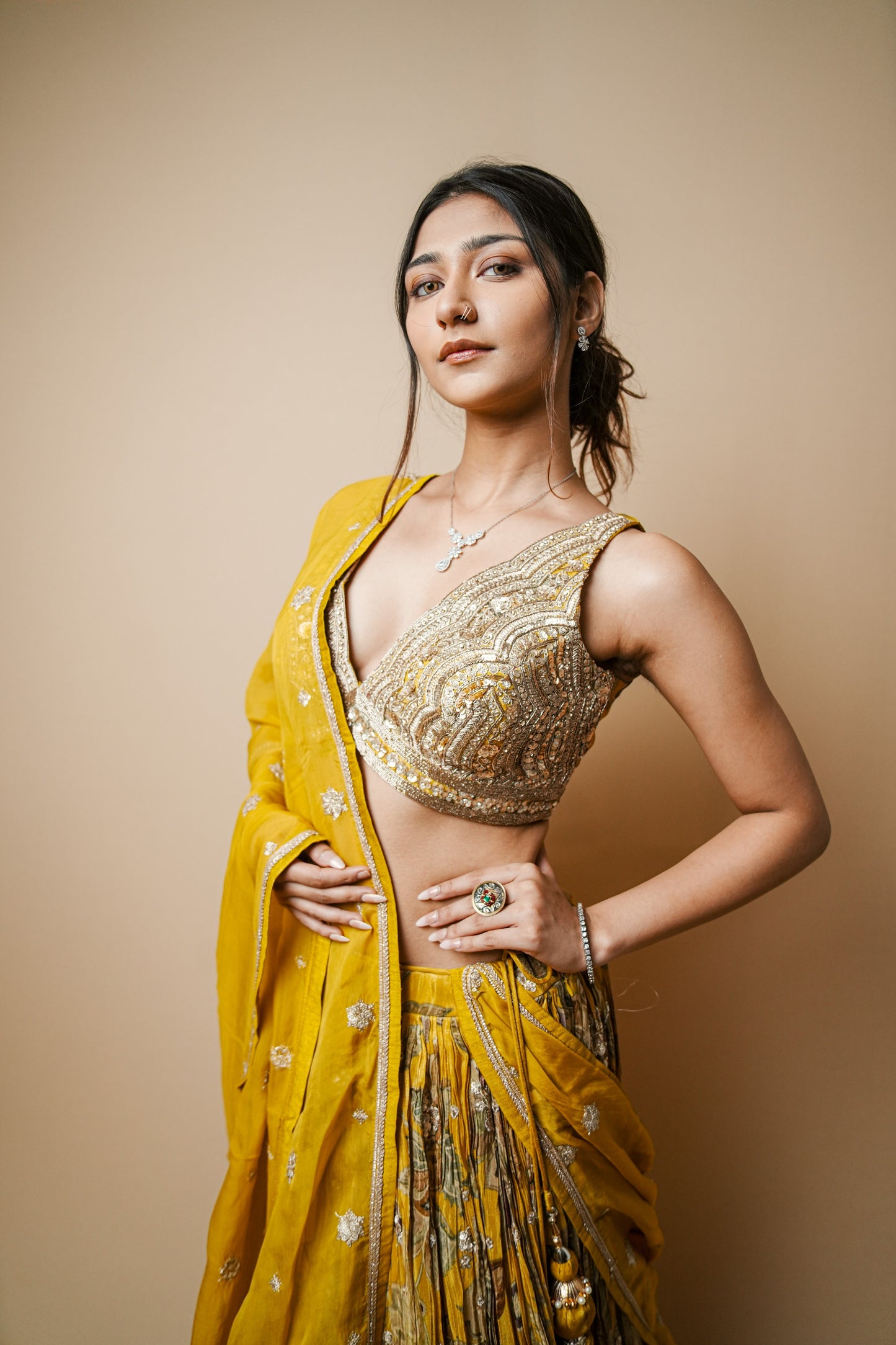 Elegant Shimmer Crush Lehenga in Yellow with Embroidered Blouse & Dupatta