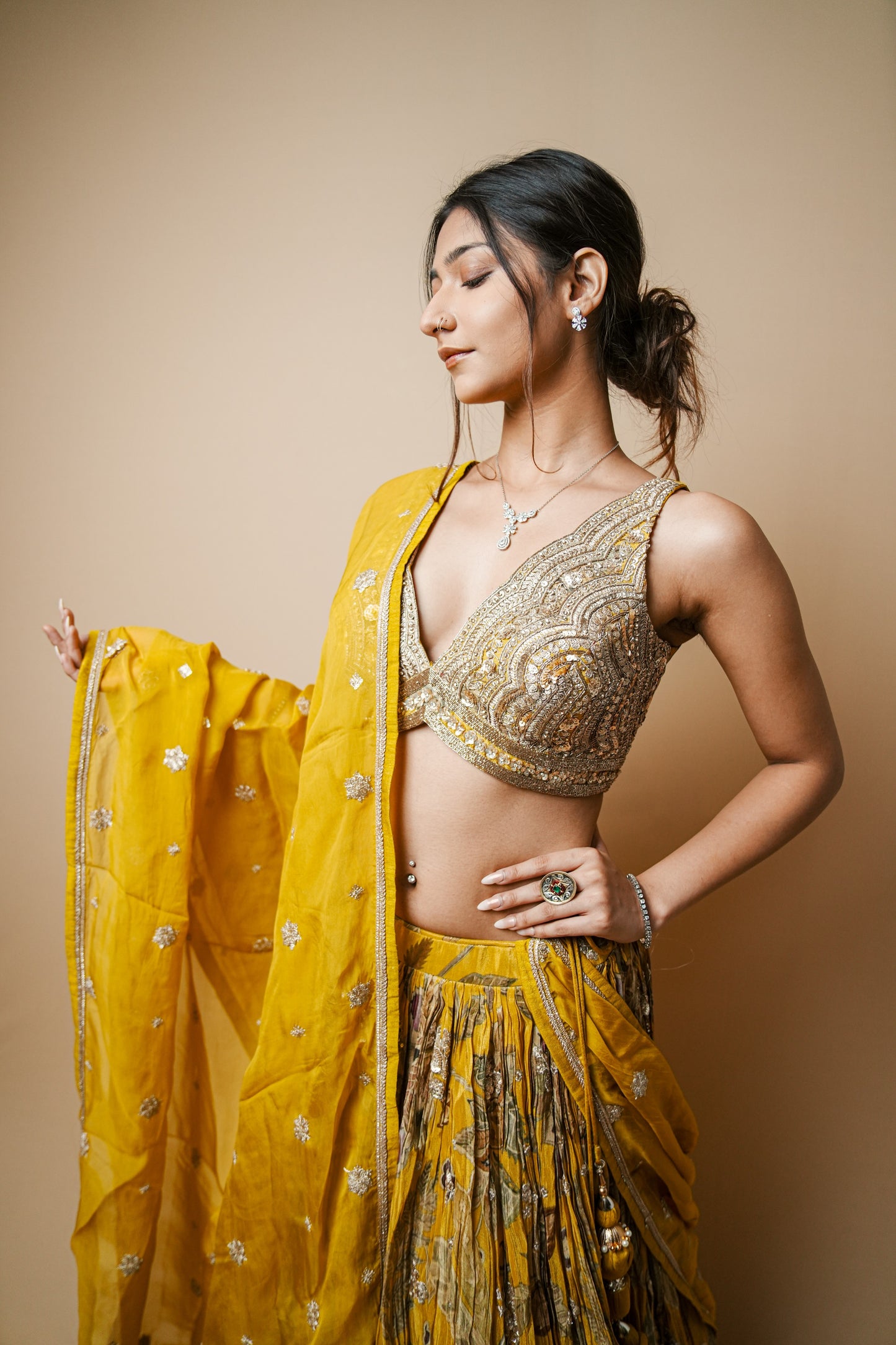 Elegant Shimmer Crush Lehenga in Yellow with Embroidered Blouse & Dupatta