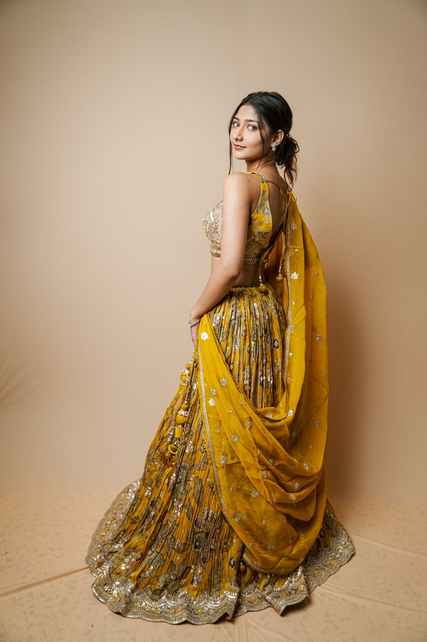 Elegant Shimmer Crush Lehenga in Yellow with Embroidered Blouse & Dupatta