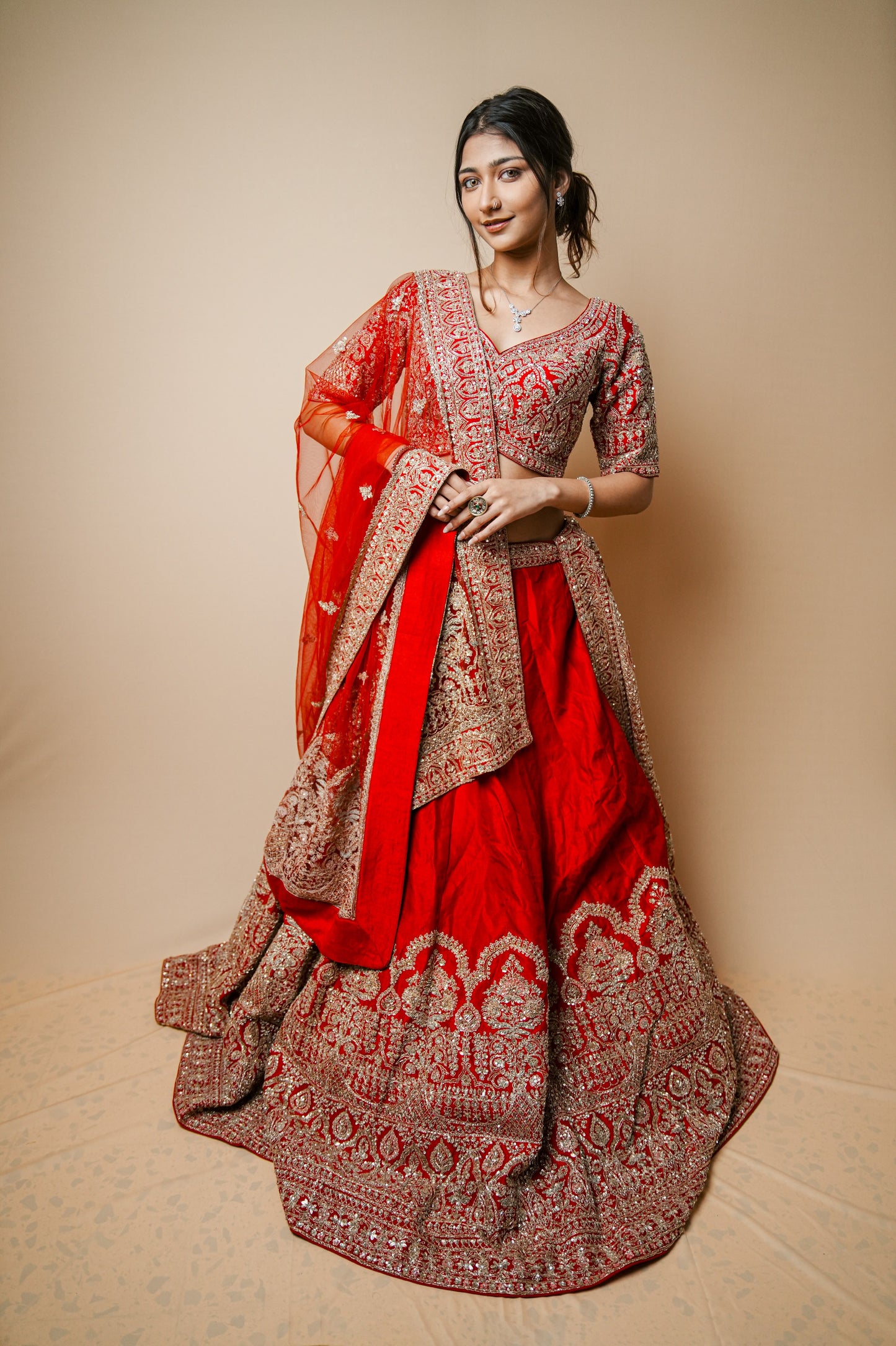 Embroidered Kasab Jadtar Work Wedding Lehenga in Rich Red Silk