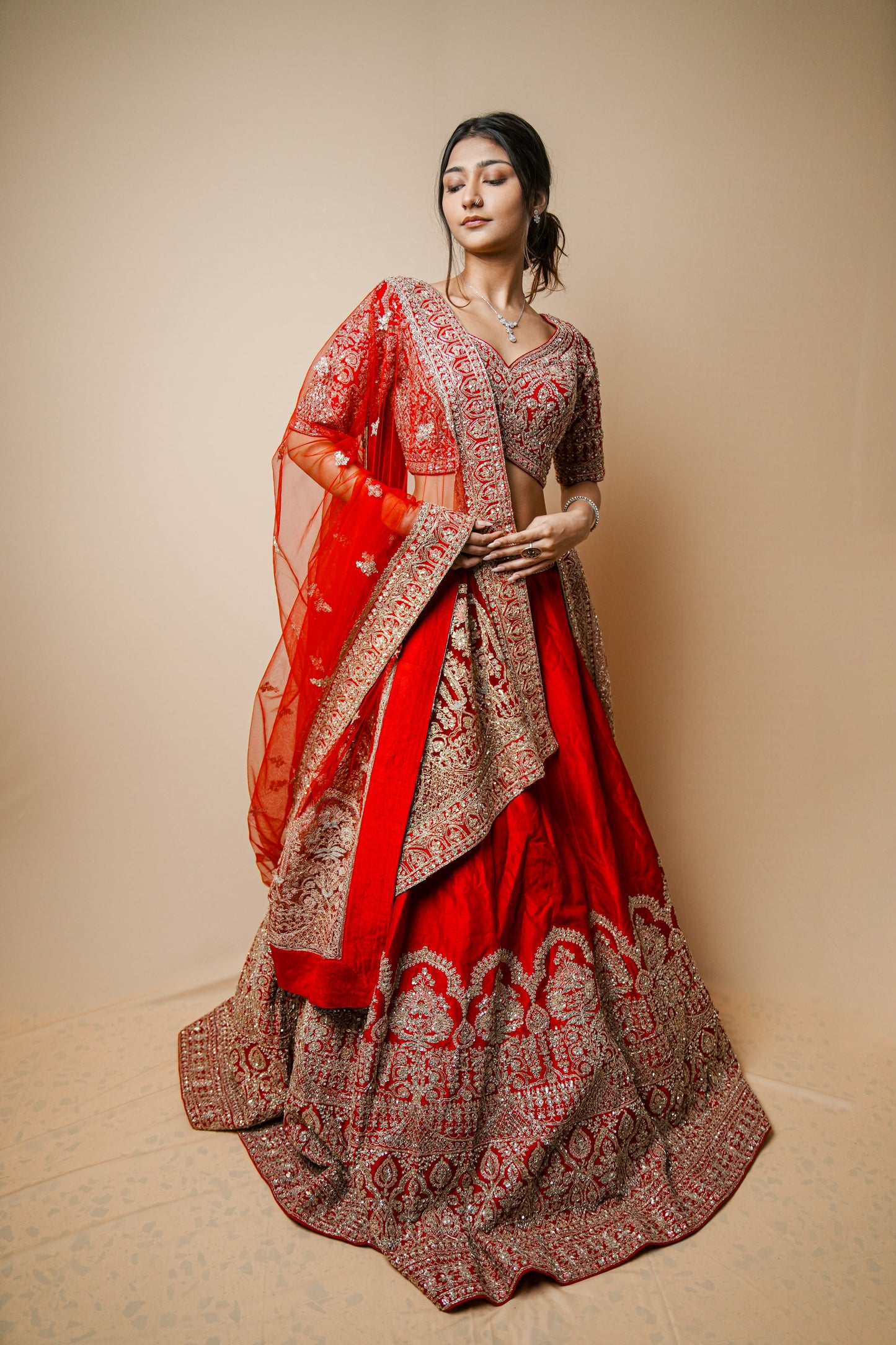 Embroidered Kasab Jadtar Work Wedding Lehenga in Rich Red Silk