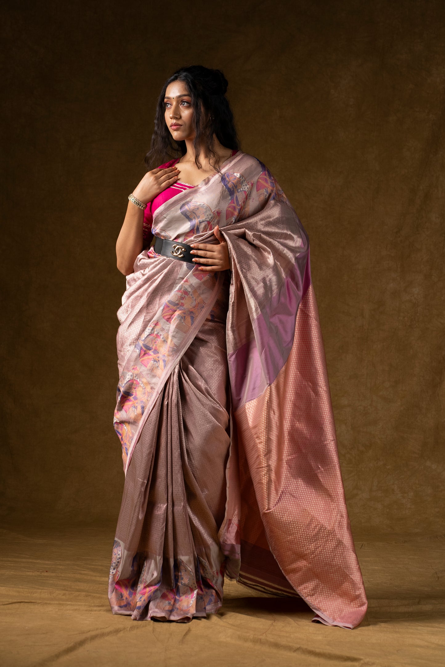 Rose Gold Silk Saree with Abstract Floral Design
