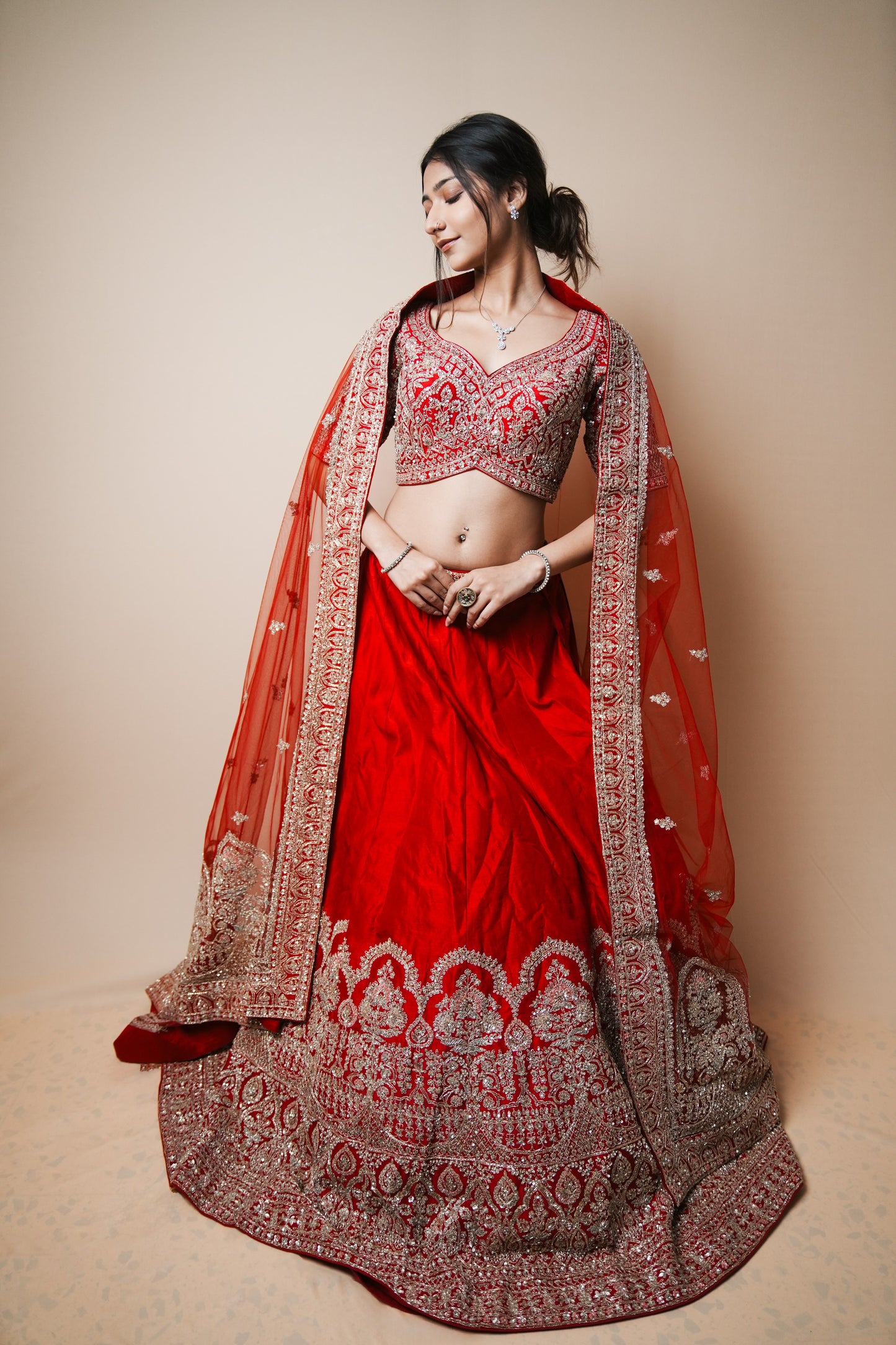 Embroidered Kasab Jadtar Work Wedding Lehenga in Rich Red Silk