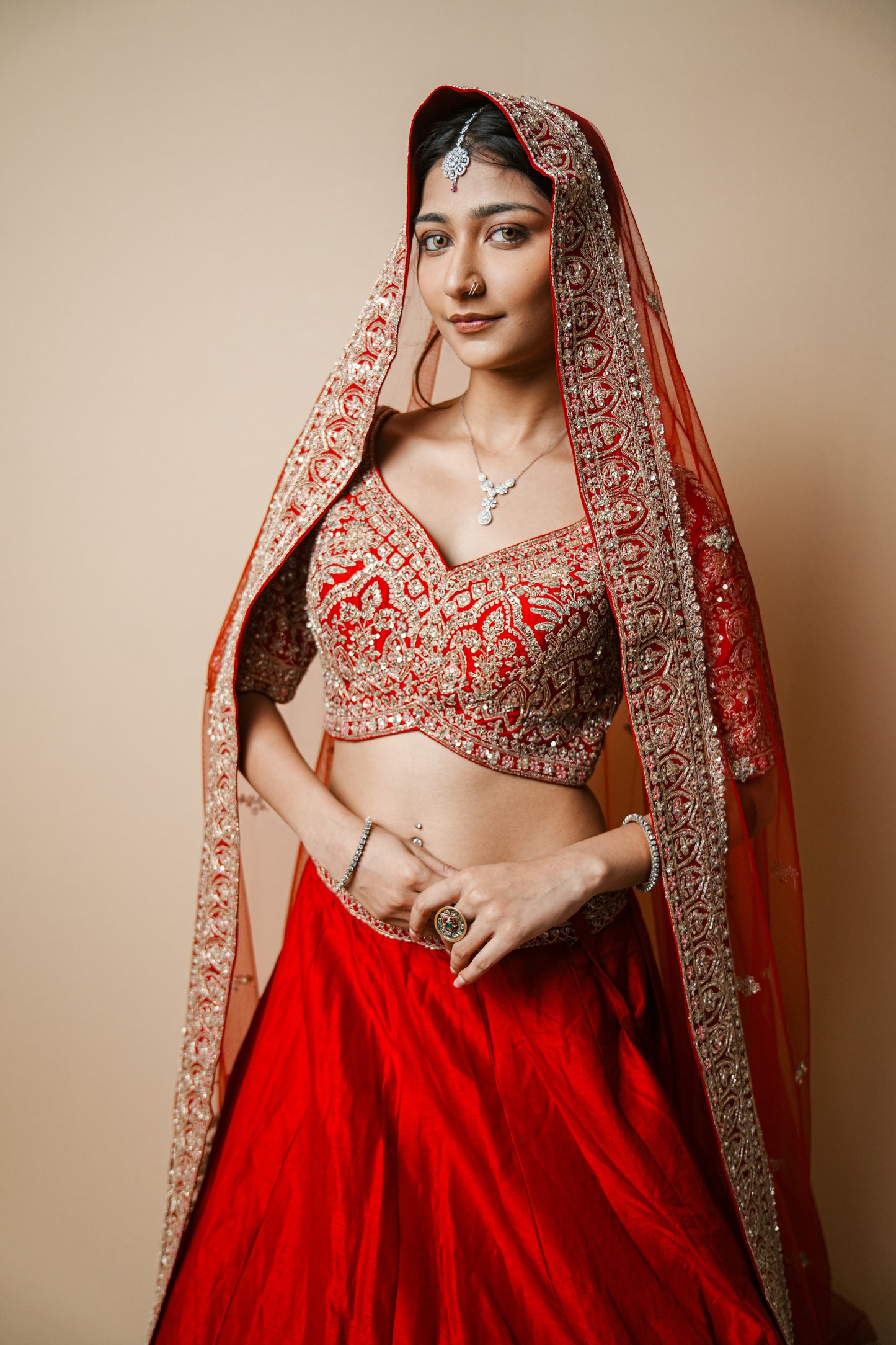 Embroidered Kasab Jadtar Work Wedding Lehenga in Rich Red Silk