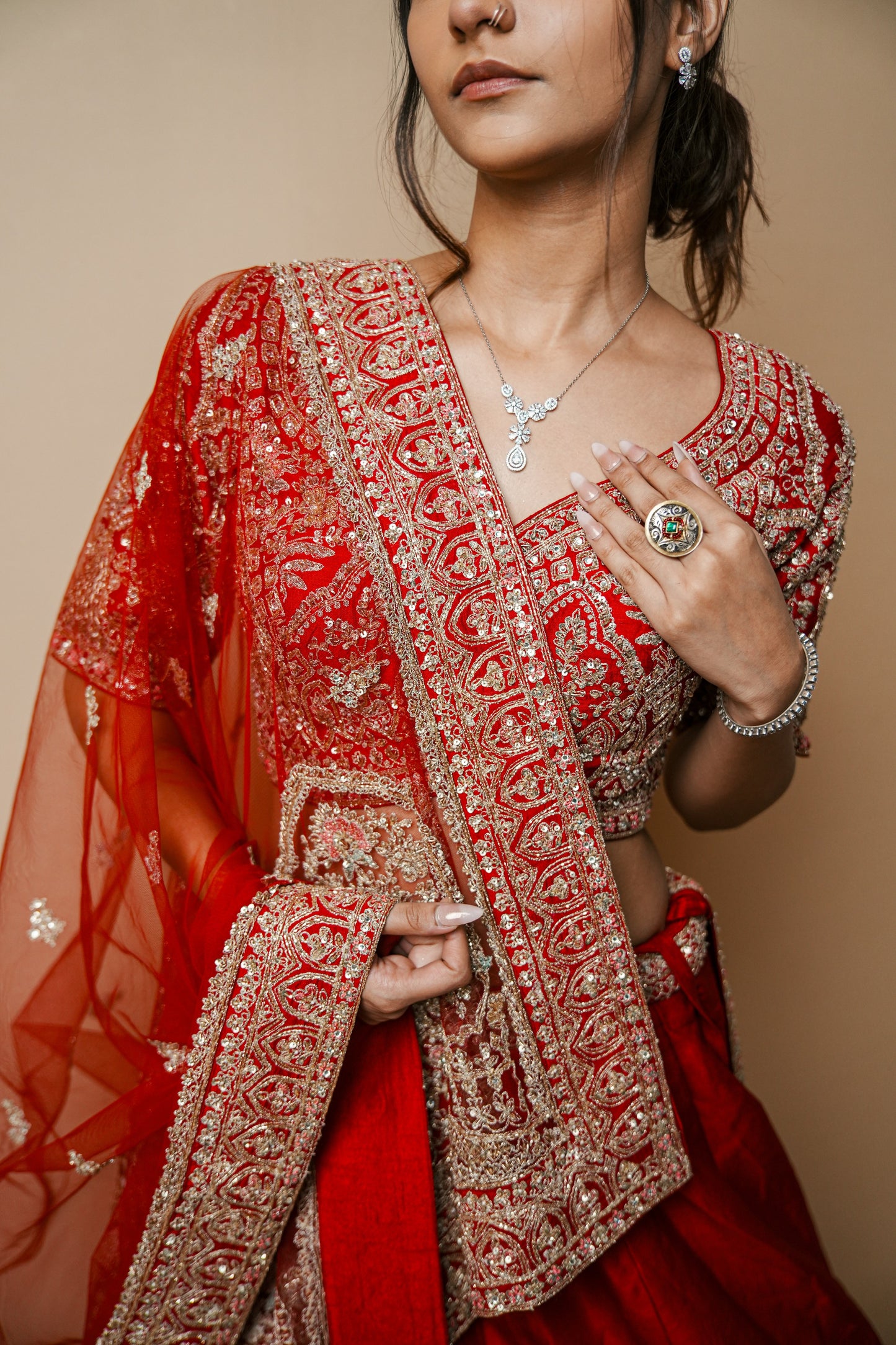 Embroidered Kasab Jadtar Work Wedding Lehenga in Rich Red Silk