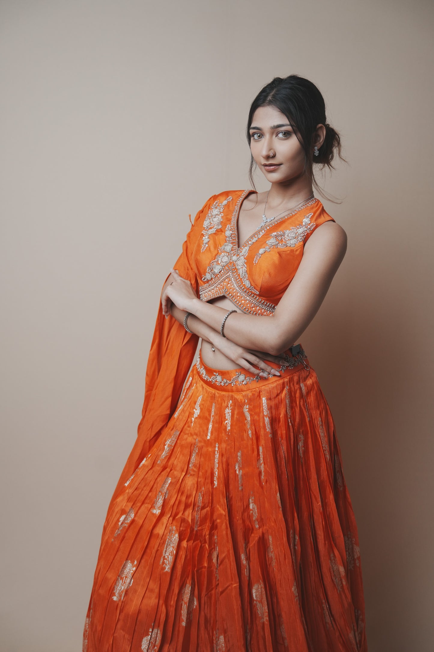 Orange Pure Silk Lehenga with Weaving Butta, Aari & Jardozi Embroidery