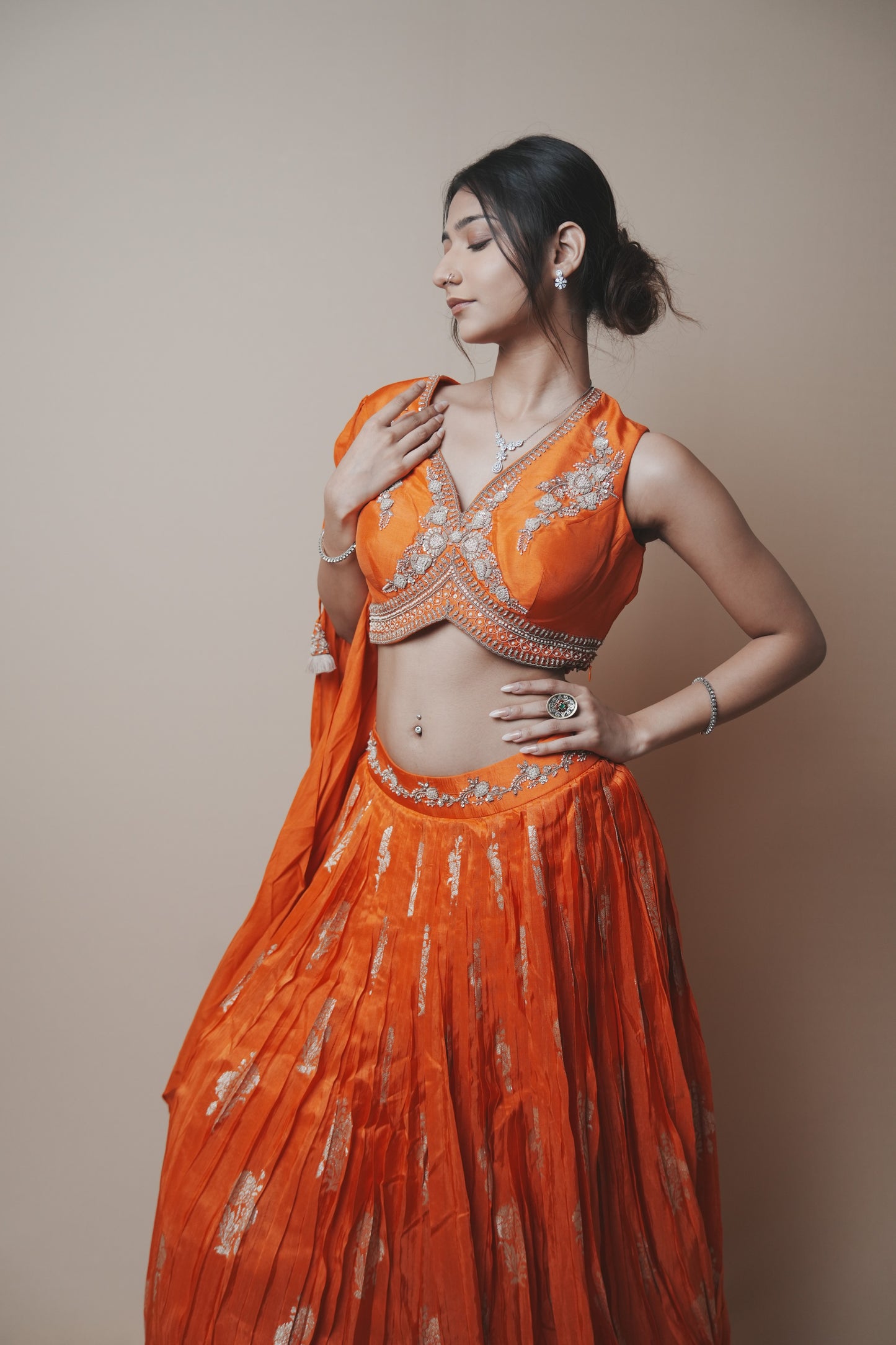 Orange Pure Silk Lehenga with Weaving Butta, Aari & Jardozi Embroidery