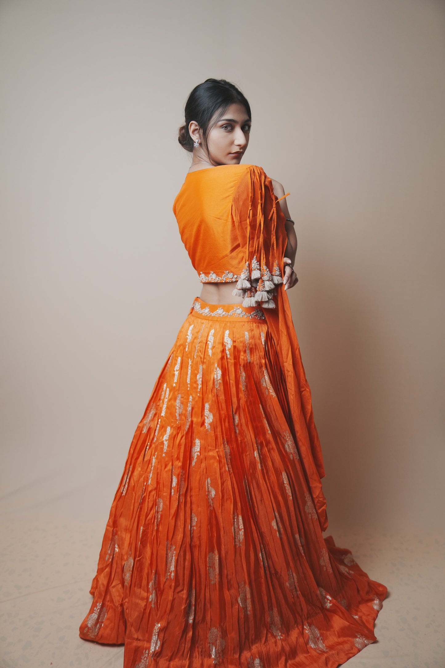 Orange Pure Silk Lehenga with Weaving Butta, Aari & Jardozi Embroidery