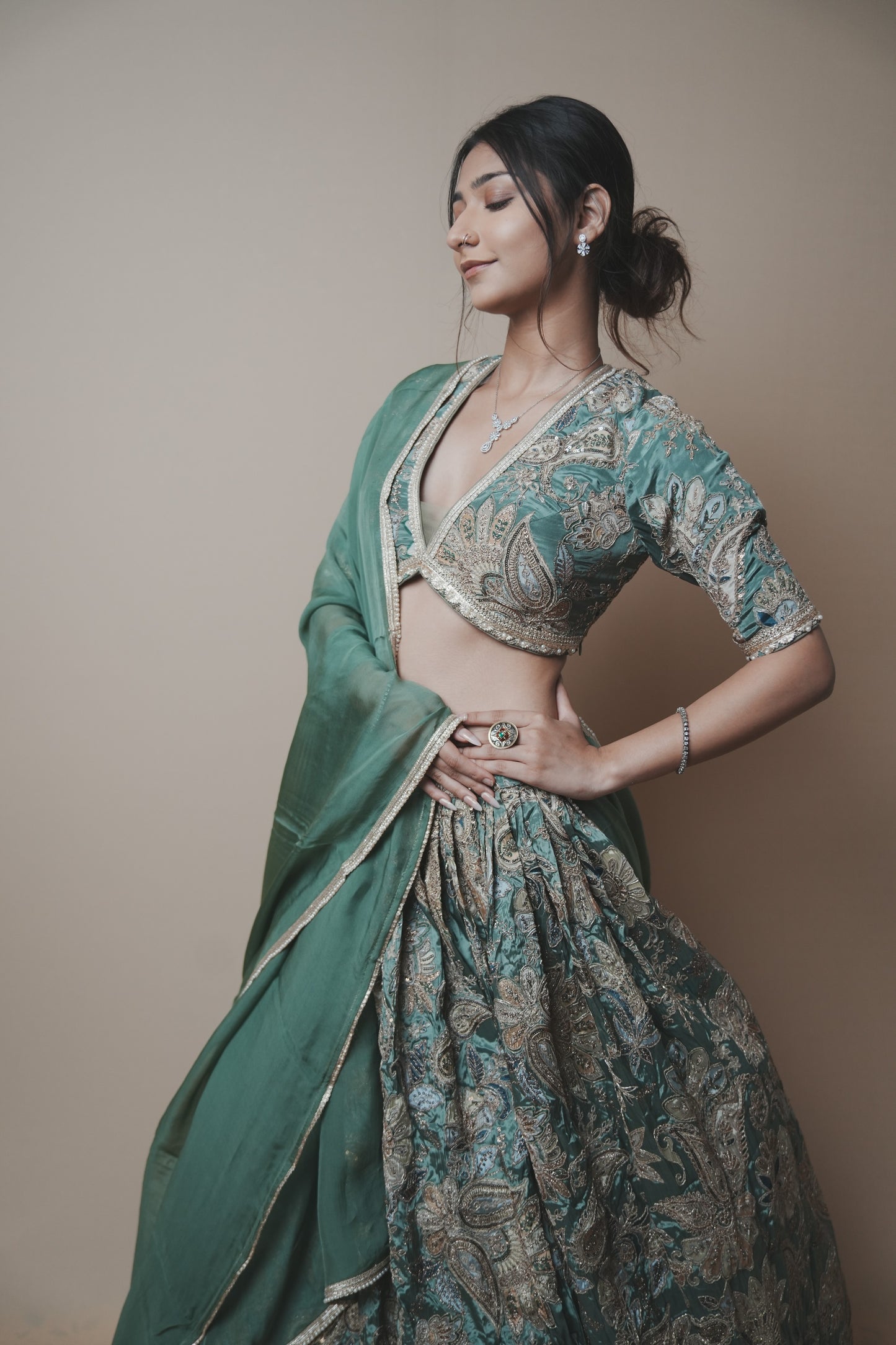 Designer Crepe Silk Lehenga with Printed Fabric, Kasab Embroidery & Organza