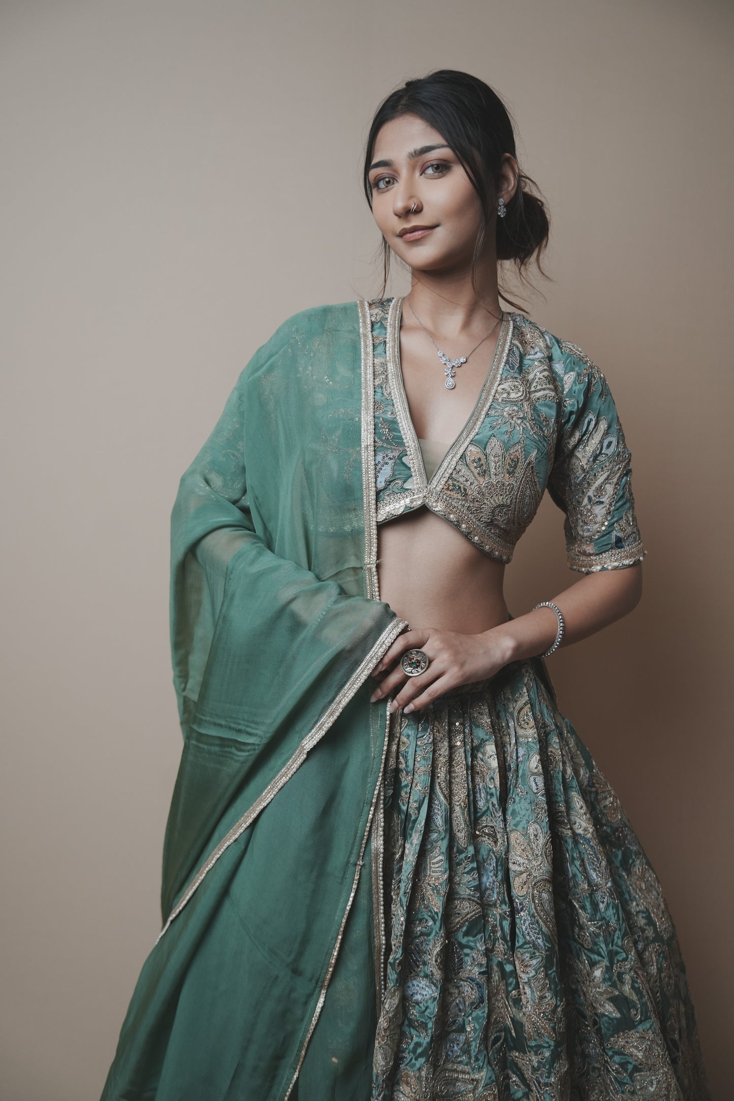 Designer Crepe Silk Lehenga with Printed Fabric, Kasab Embroidery & Organza