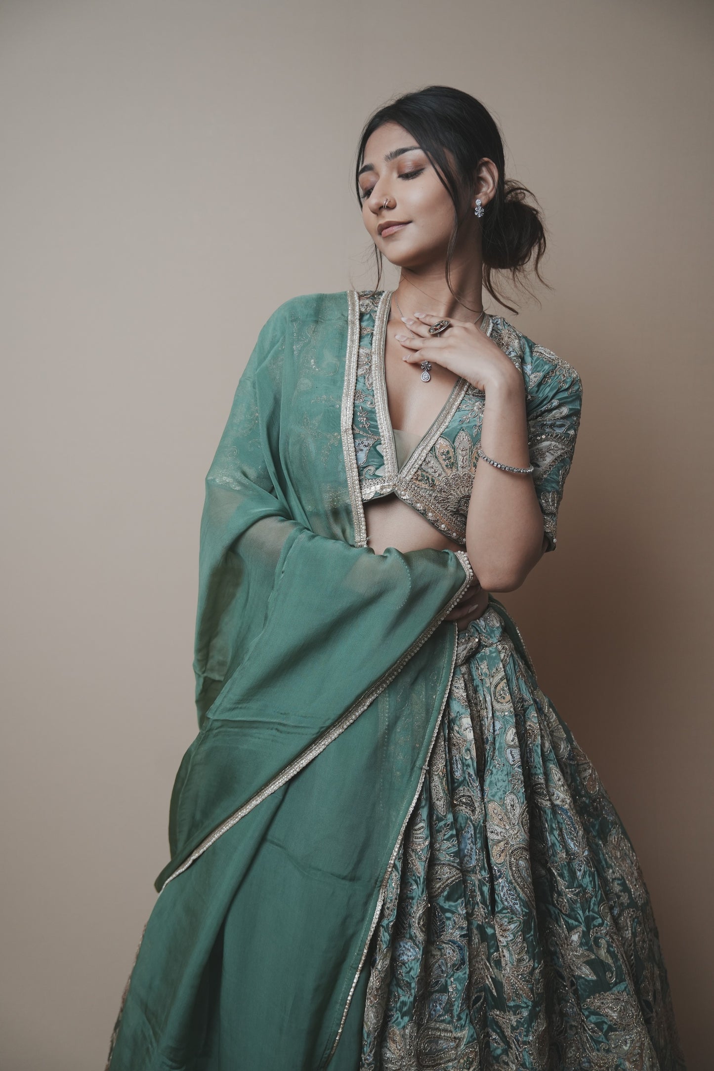 Designer Crepe Silk Lehenga with Printed Fabric, Kasab Embroidery & Organza