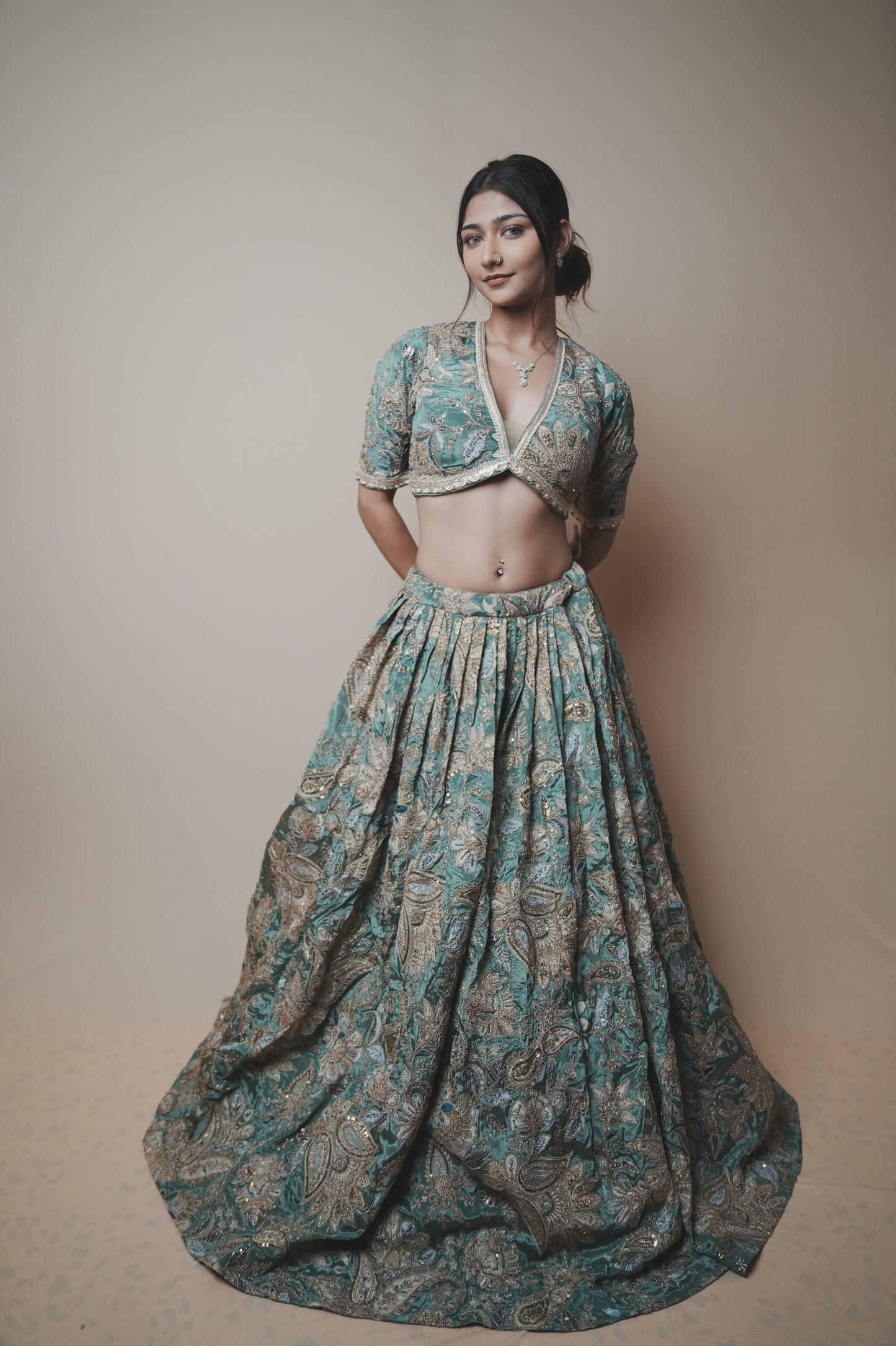 Designer Crepe Silk Lehenga with Printed Fabric, Kasab Embroidery & Organza