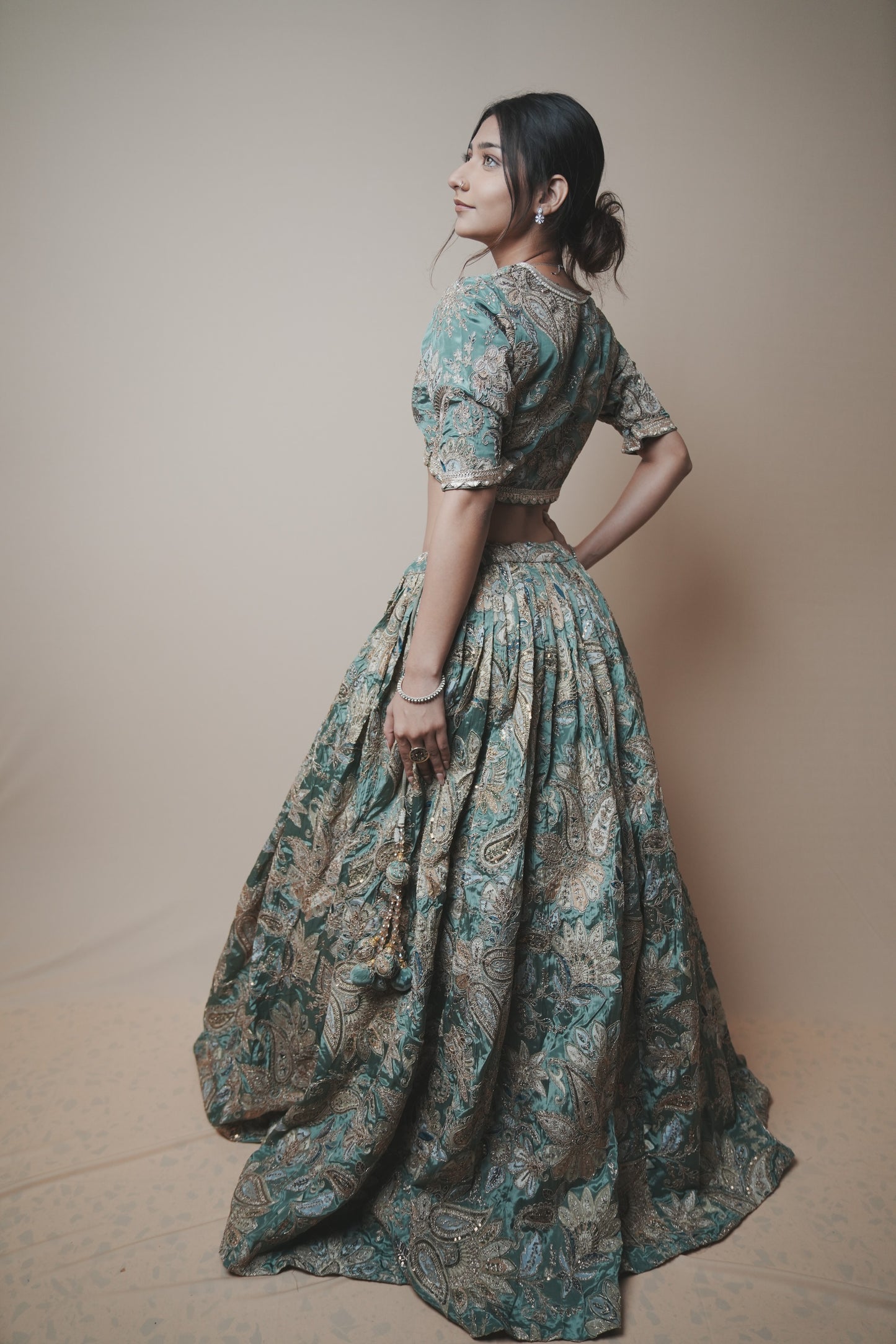 Designer Crepe Silk Lehenga with Printed Fabric, Kasab Embroidery & Organza