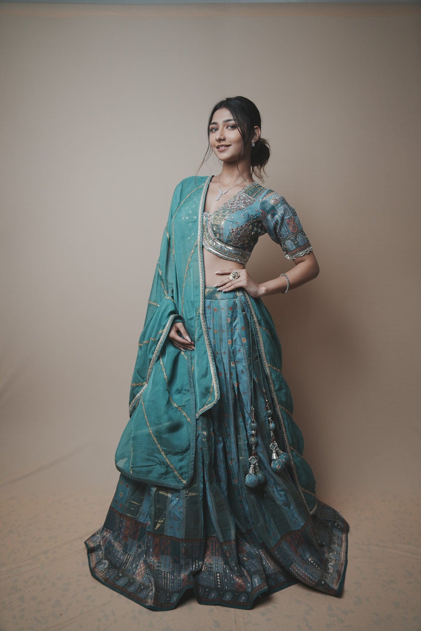 Tortoise Banarasi Silk Lehenga Set with Hand Embroidered Mukesh & Kardana Work