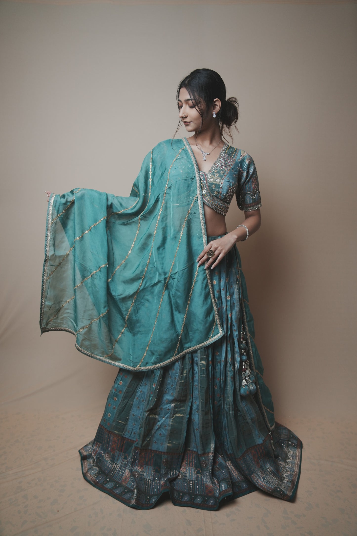 Tortoise Banarasi Silk Lehenga Set with Hand Embroidered Mukesh & Kardana Work