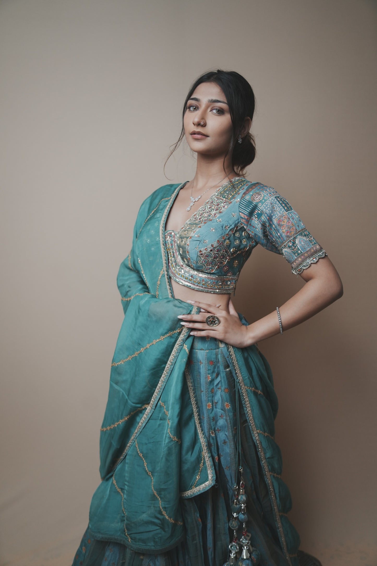 Tortoise Banarasi Silk Lehenga Set with Hand Embroidered Mukesh & Kardana Work