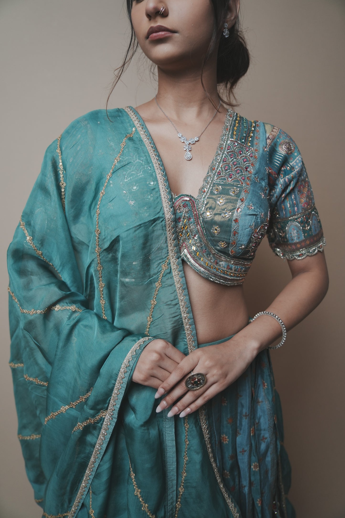 Tortoise Banarasi Silk Lehenga Set with Hand Embroidered Mukesh & Kardana Work