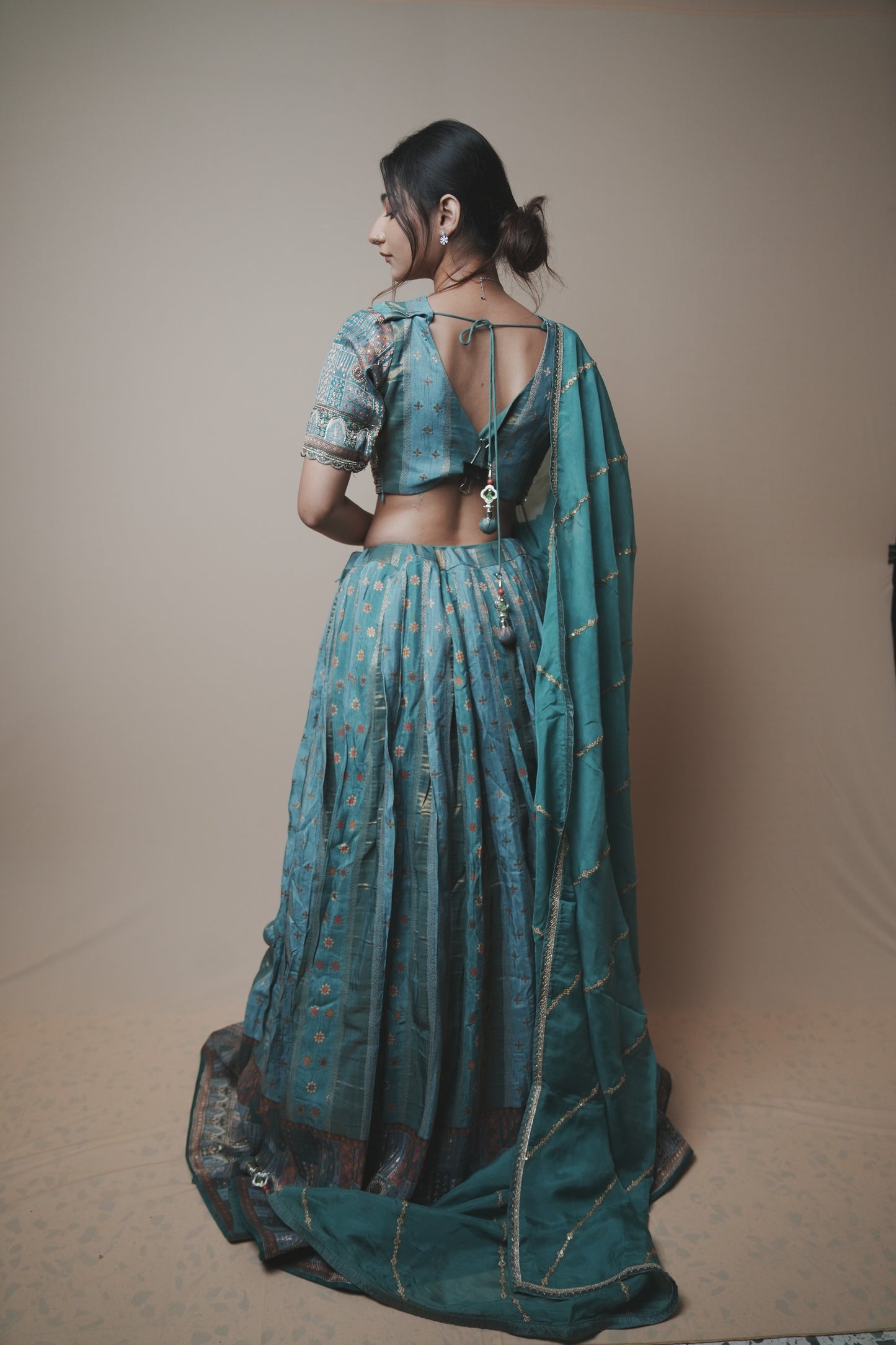 Tortoise Banarasi Silk Lehenga Set with Hand Embroidered Mukesh & Kardana Work