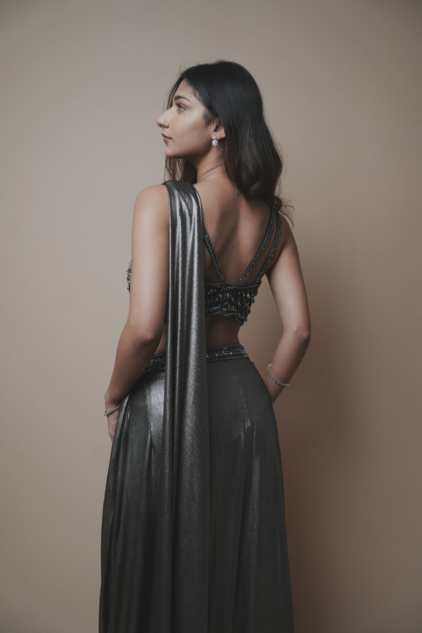 Metallic Glass Tissue Drape Saree with Self Pearl Embroidery