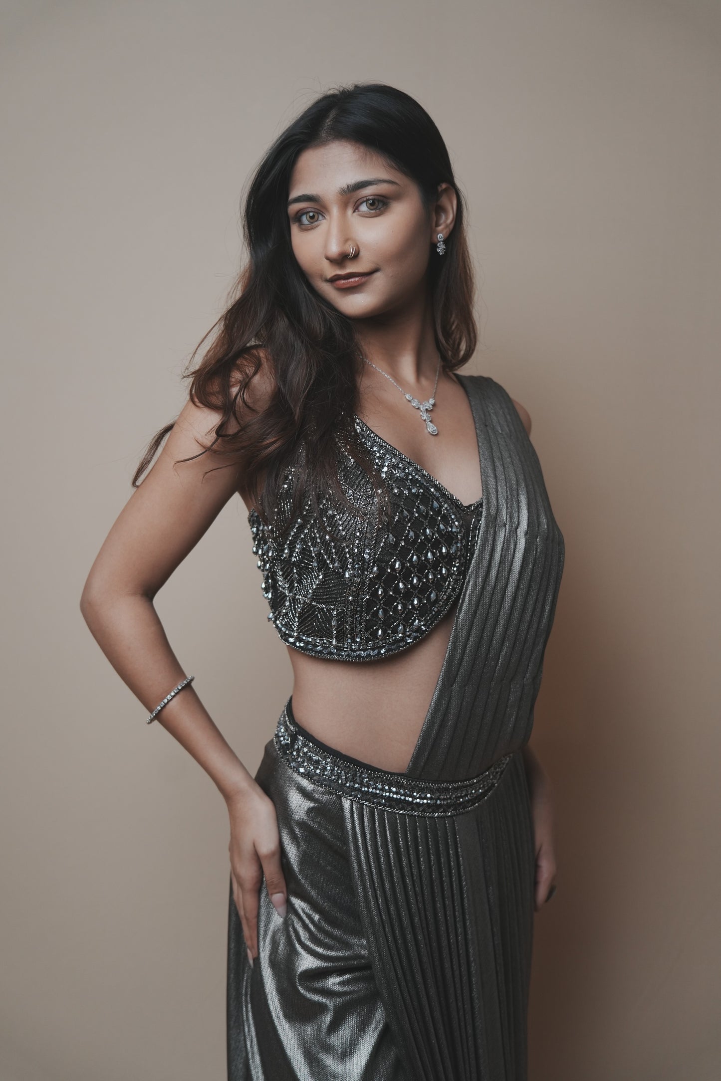Metallic Glass Tissue Drape Saree with Self Pearl Embroidery