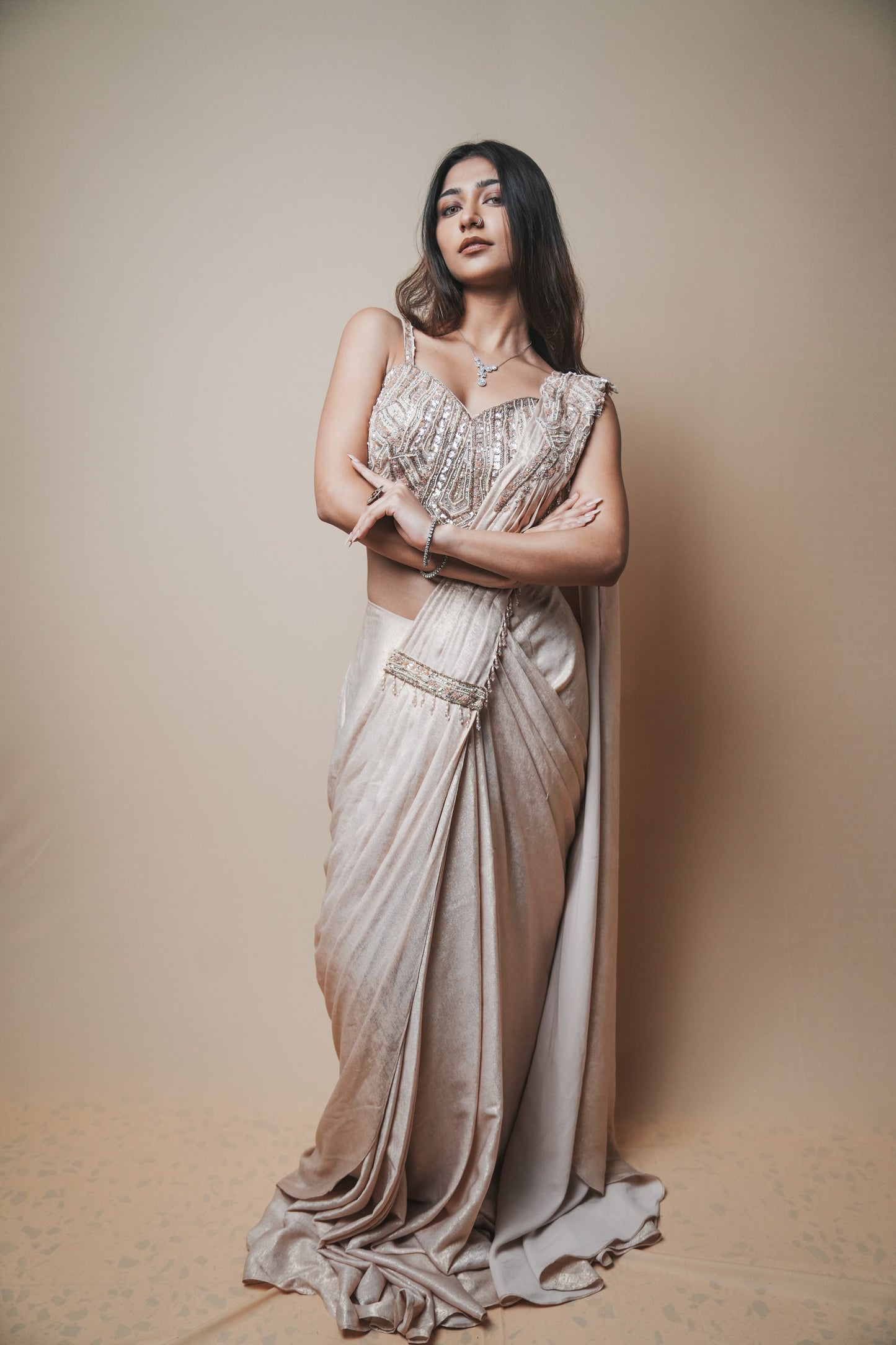 Champagne Glass Tissue Drape Saree with Self Pearl Embroidery