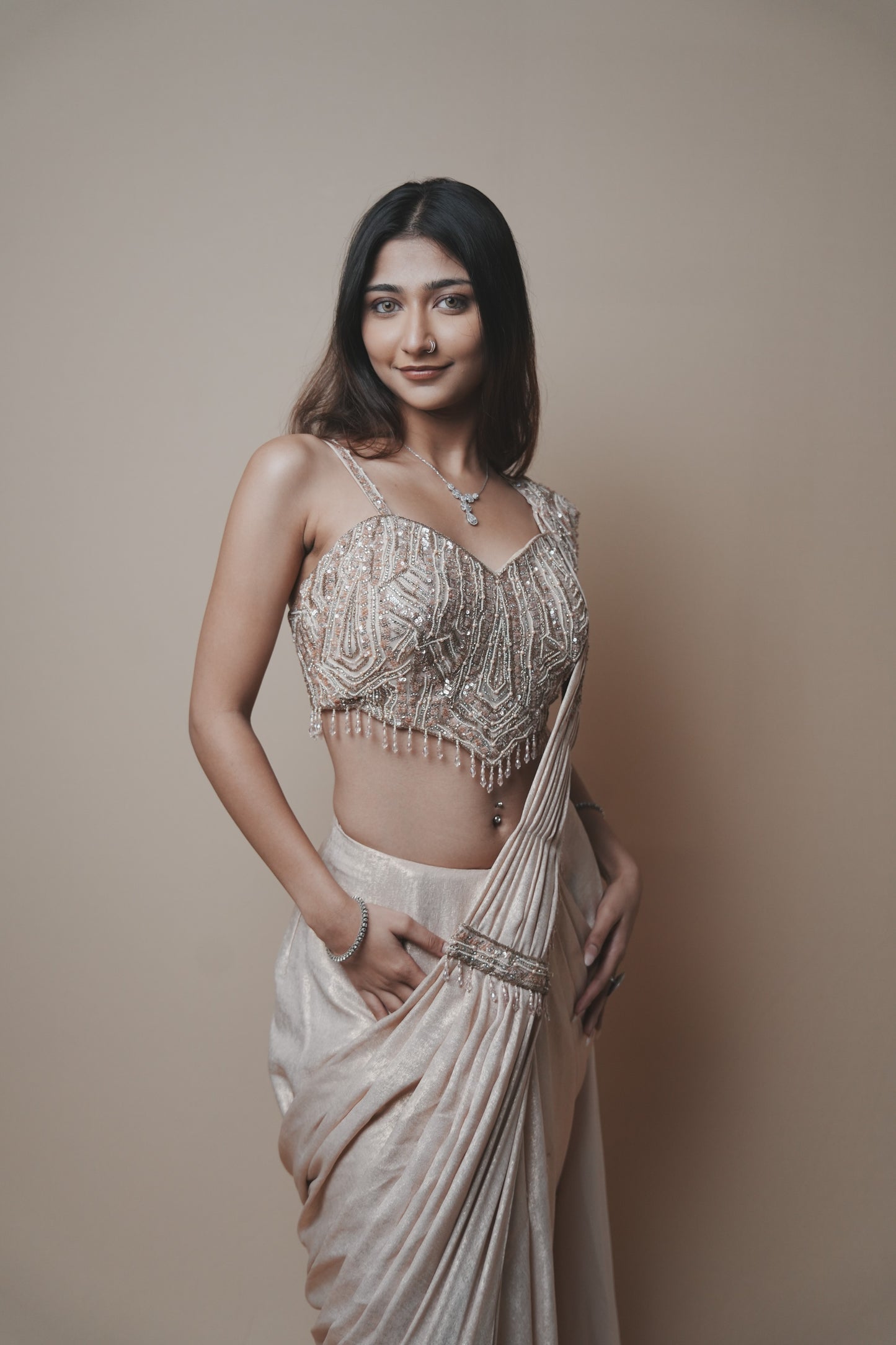 Champagne Glass Tissue Drape Saree with Self Pearl Embroidery