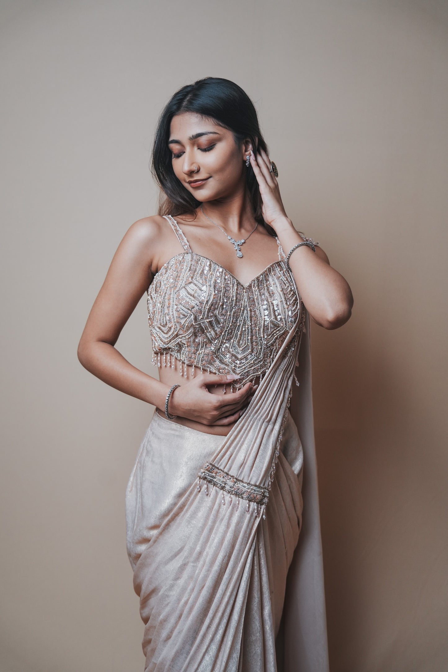 Champagne Glass Tissue Drape Saree with Self Pearl Embroidery